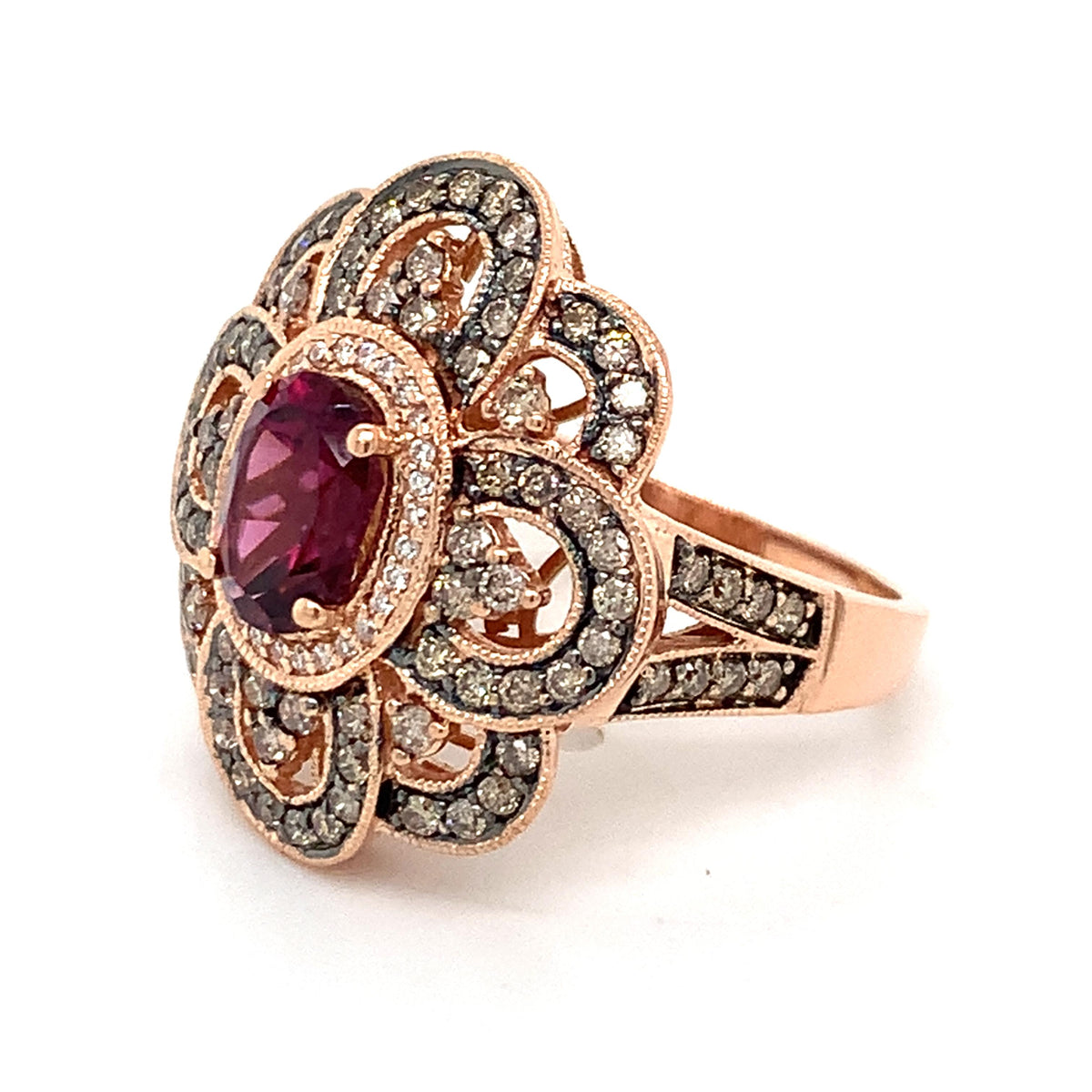 Le Vian 14K Gold Rhodolite Garnet Brown & White Diamond Blossom Cocktail Ring