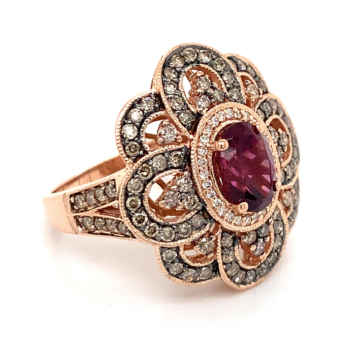 Le Vian 14K Gold Rhodolite Garnet Brown & White Diamond Blossom Cocktail Ring
