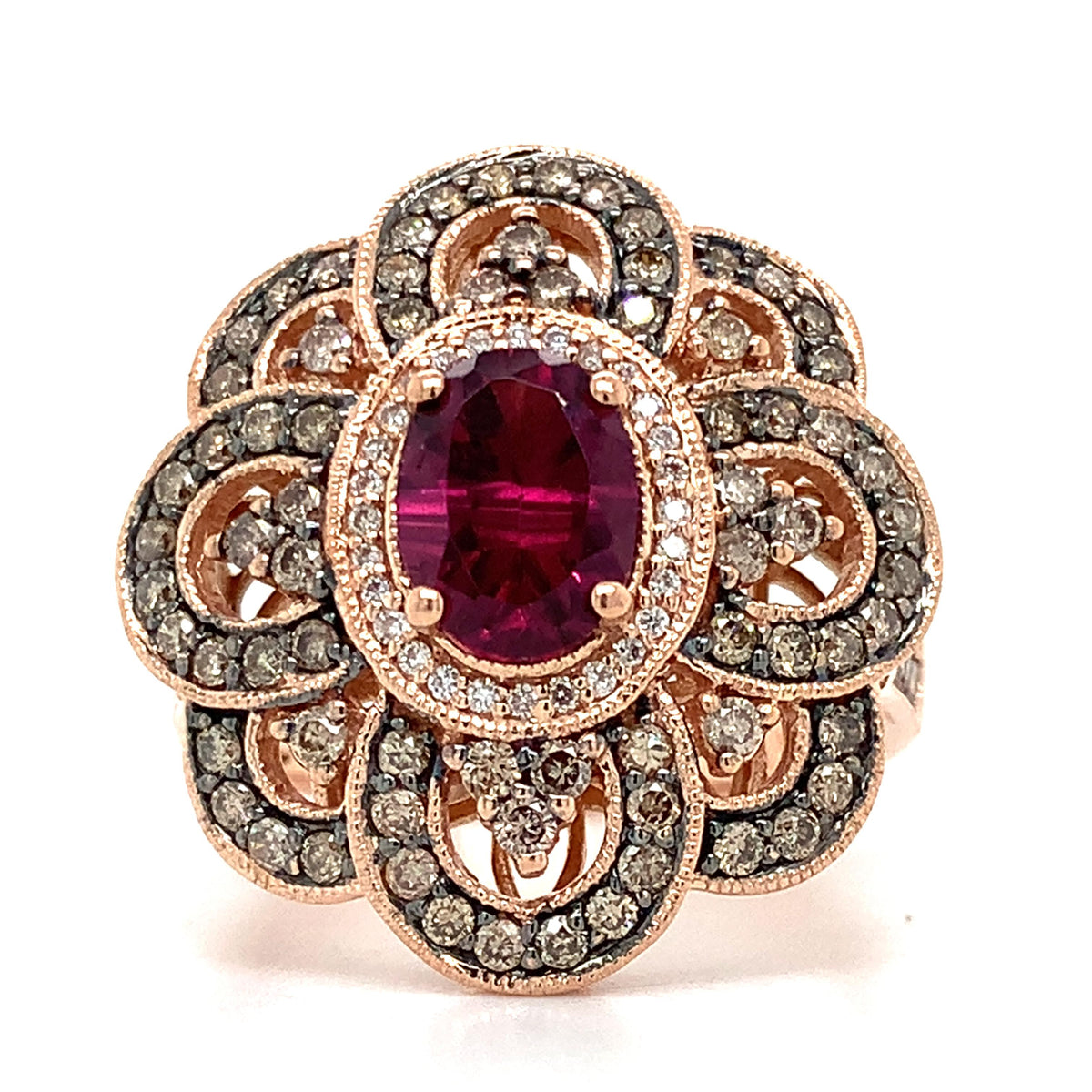 Le Vian 14K Gold Rhodolite Garnet Brown & White Diamond Blossom Cocktail Ring