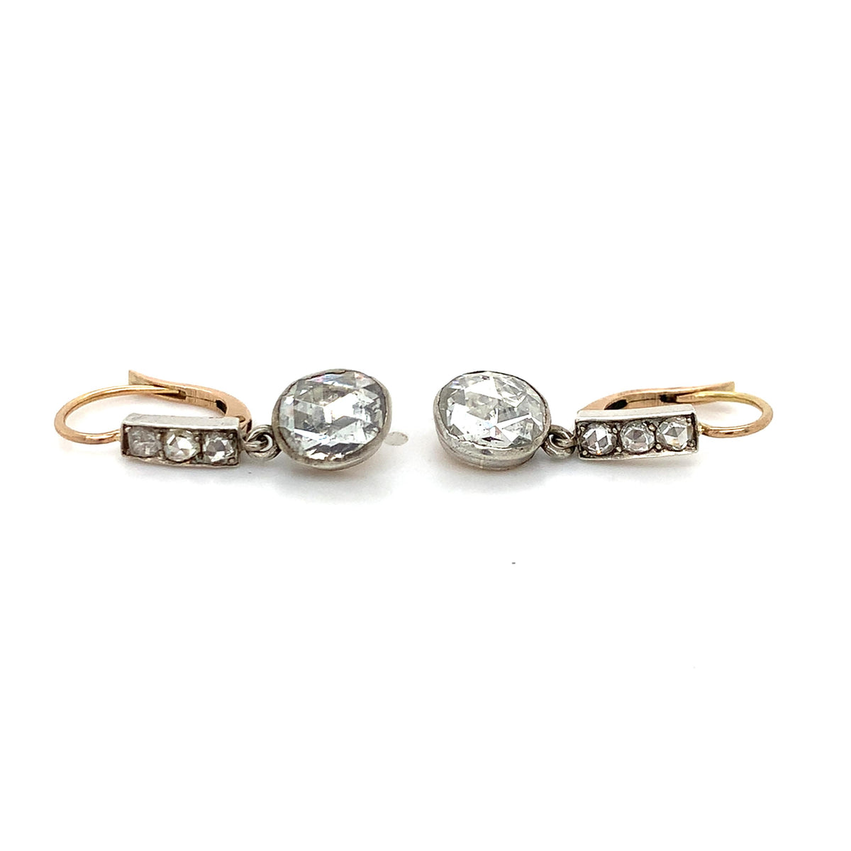 Antique Victorian 14K Gold & Platinum Bezel Old Rose Cut Diamonds Drop Earrings