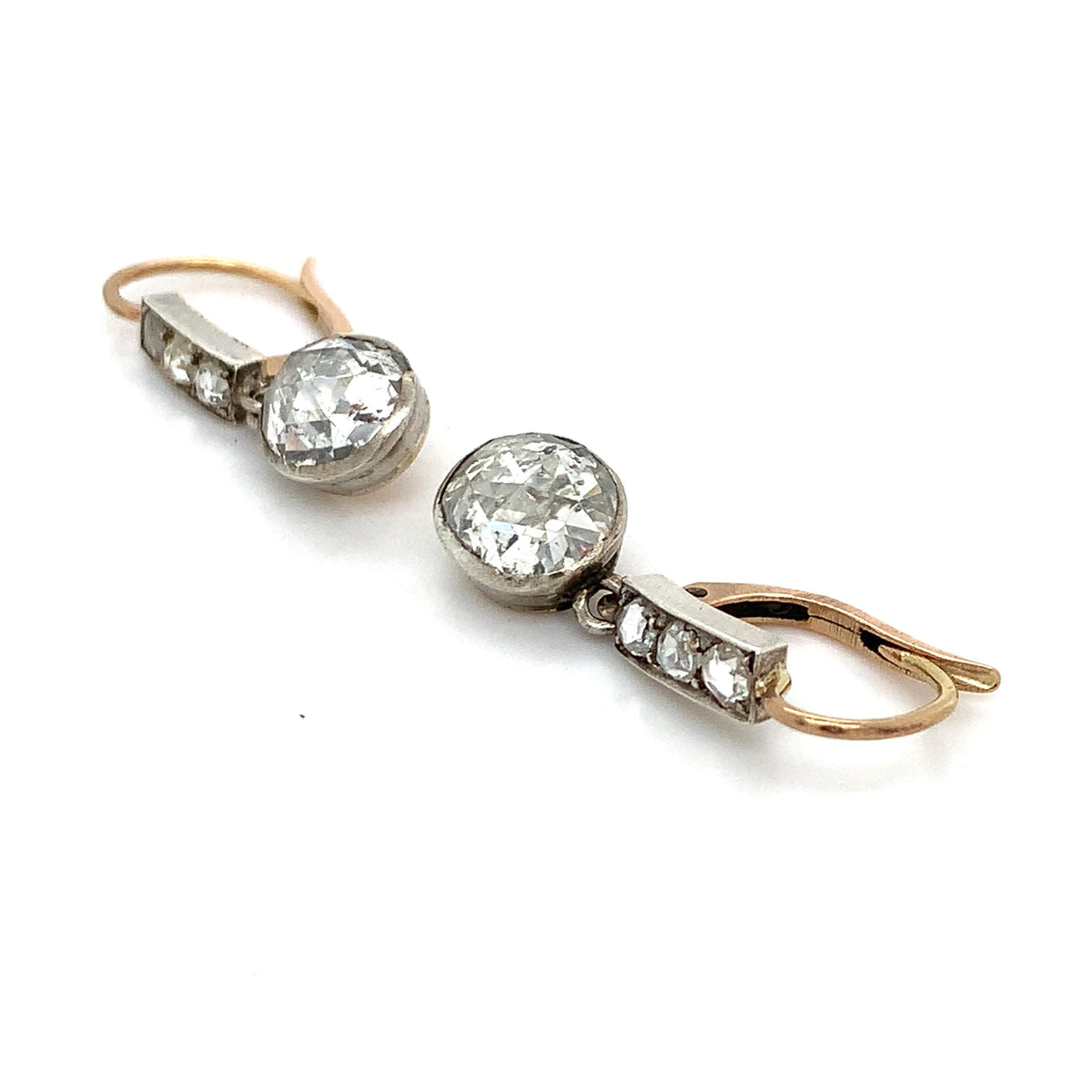 Antique Victorian 14K Gold & Platinum Bezel Old Rose Cut Diamonds Drop Earrings