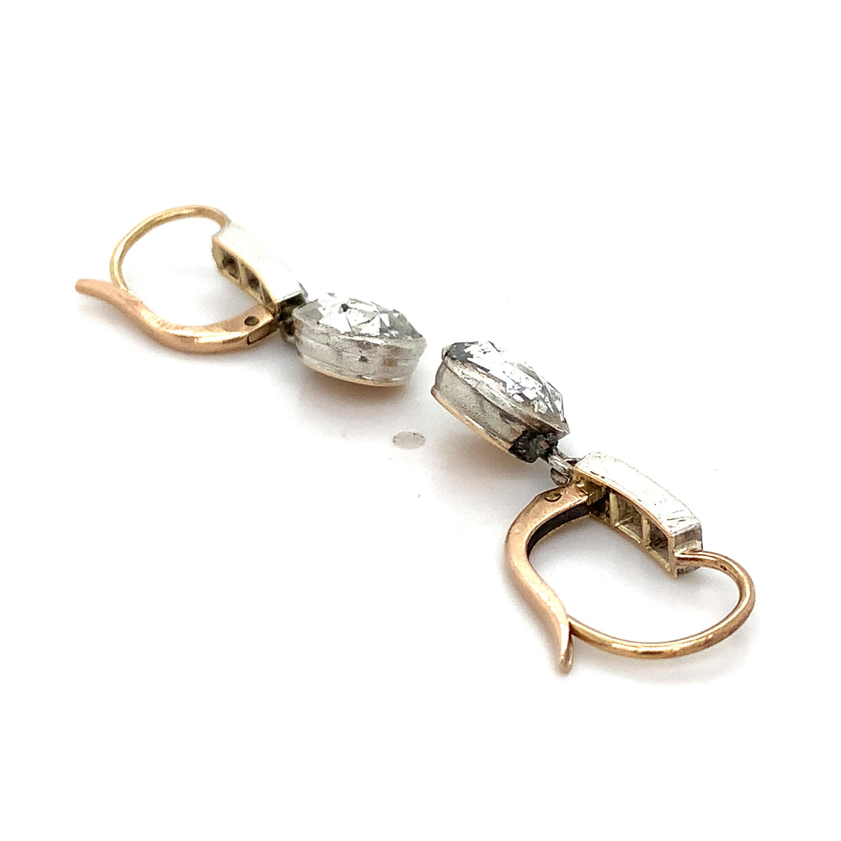 Antique Victorian 14K Gold & Platinum Bezel Old Rose Cut Diamonds Drop Earrings
