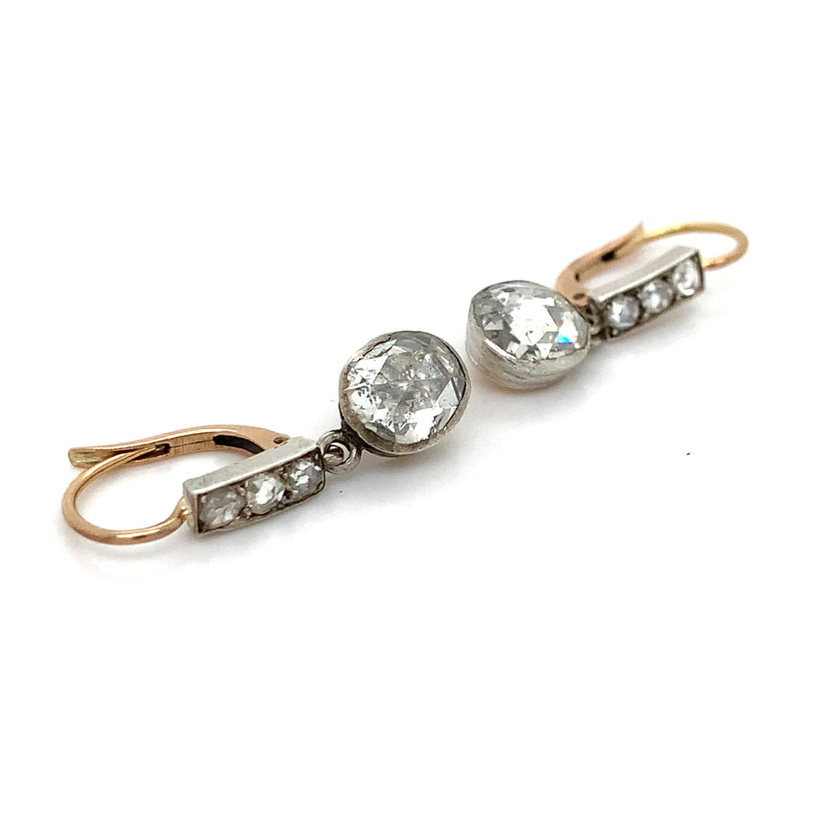 Antique Victorian 14K Gold & Platinum Bezel Old Rose Cut Diamonds Drop Earrings