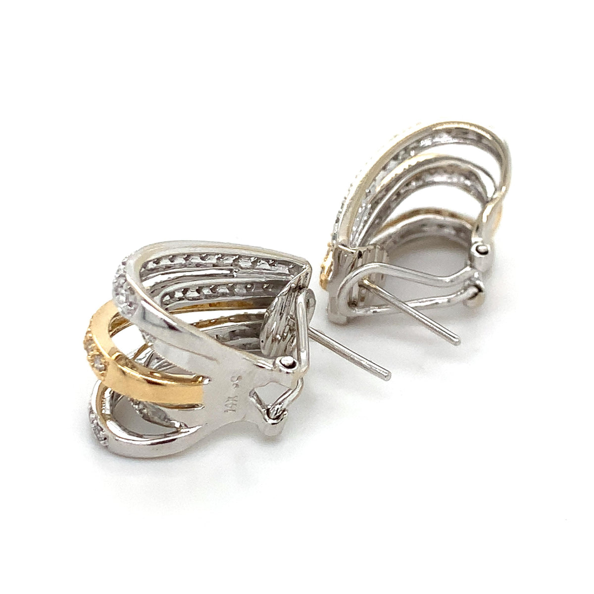 14K Gold 1.0ctw Pave Diamonds Split Multi Layered Strands J-Hoop Huggie Earrings