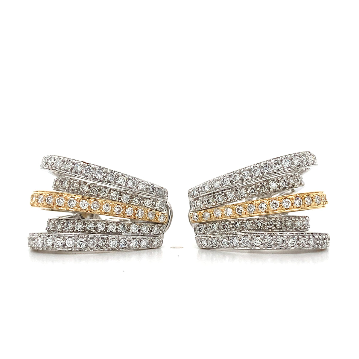 14K Gold 1.0ctw Pave Diamonds Split Multi Layered Strands J-Hoop Huggie Earrings