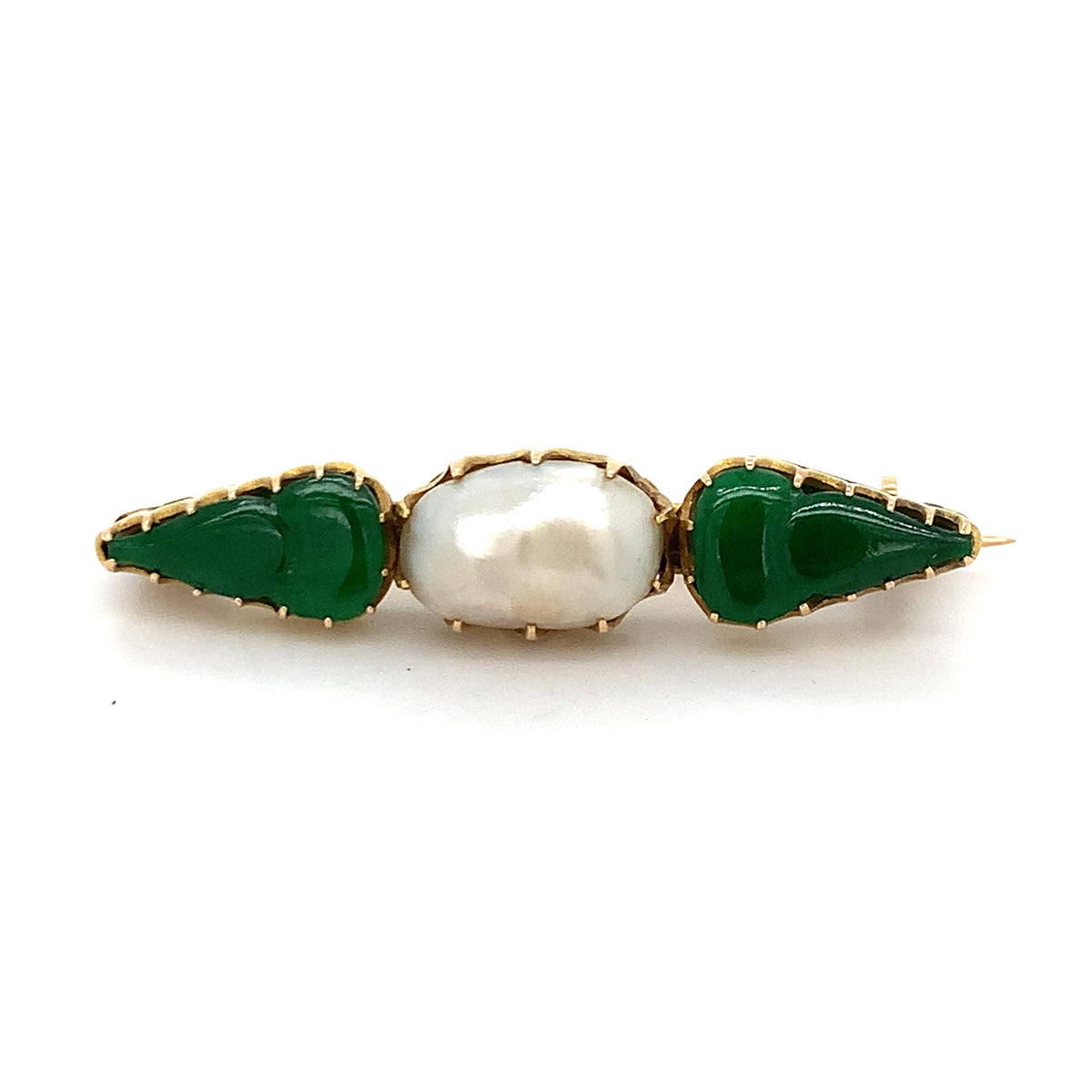 Vintage 18K Gold Carved Jade And Baroque Pearl Coronet Prongs 3 Stone Brooch/Pin