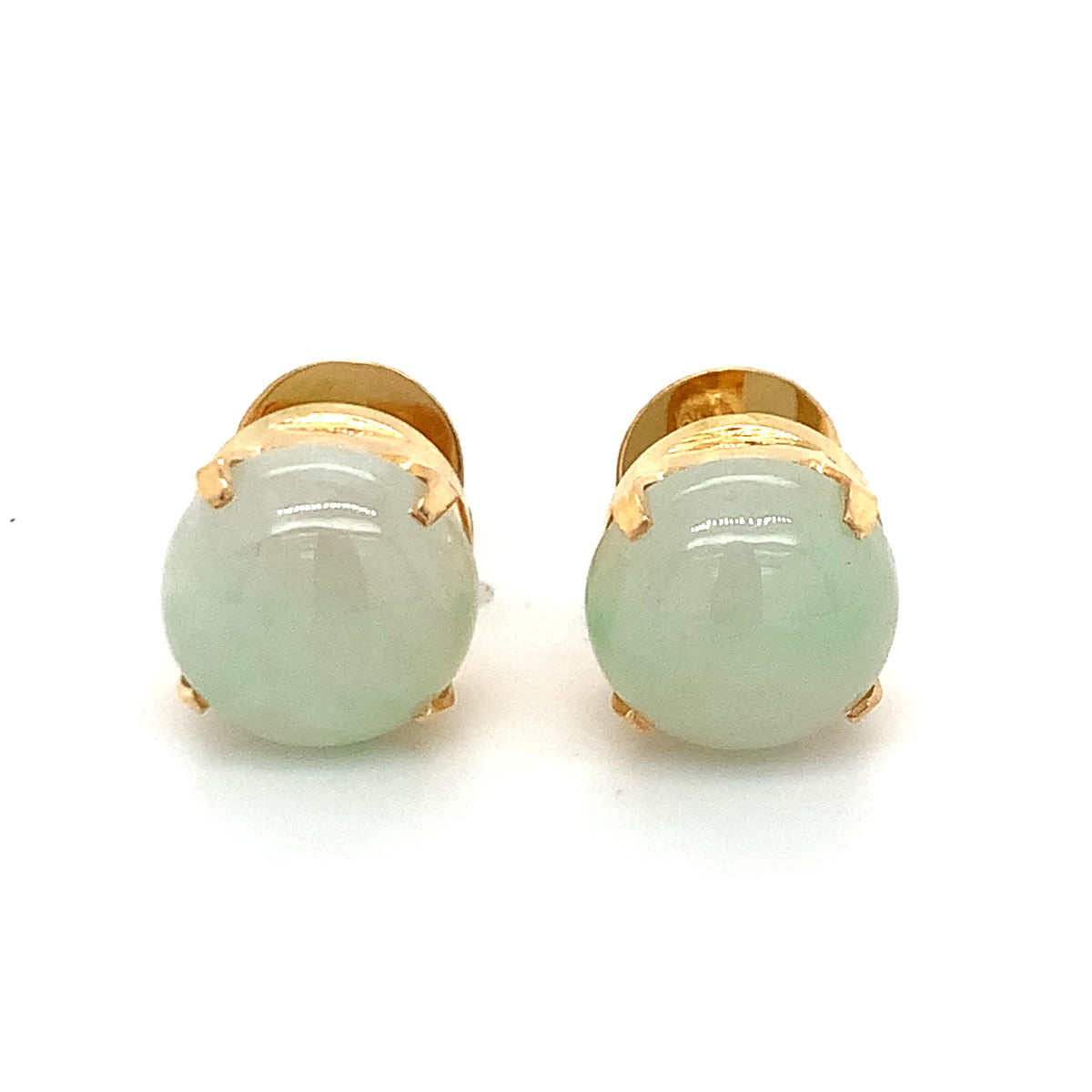 Vintage 18K Gold Crown Basket Pale Green Cabochon Jade Solitaire Stud Earrings