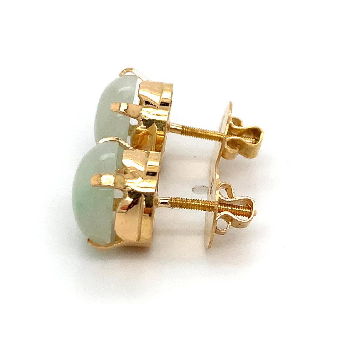 Vintage 18K Gold Crown Basket Pale Green Cabochon Jade Solitaire Stud Earrings