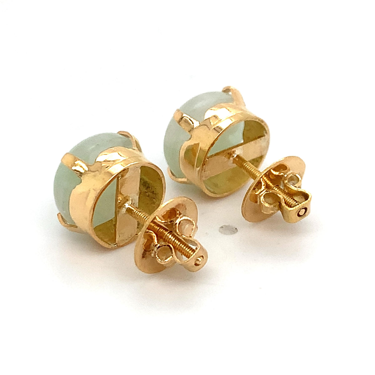 Vintage 18K Gold Crown Basket Pale Green Cabochon Jade Solitaire Stud Earrings