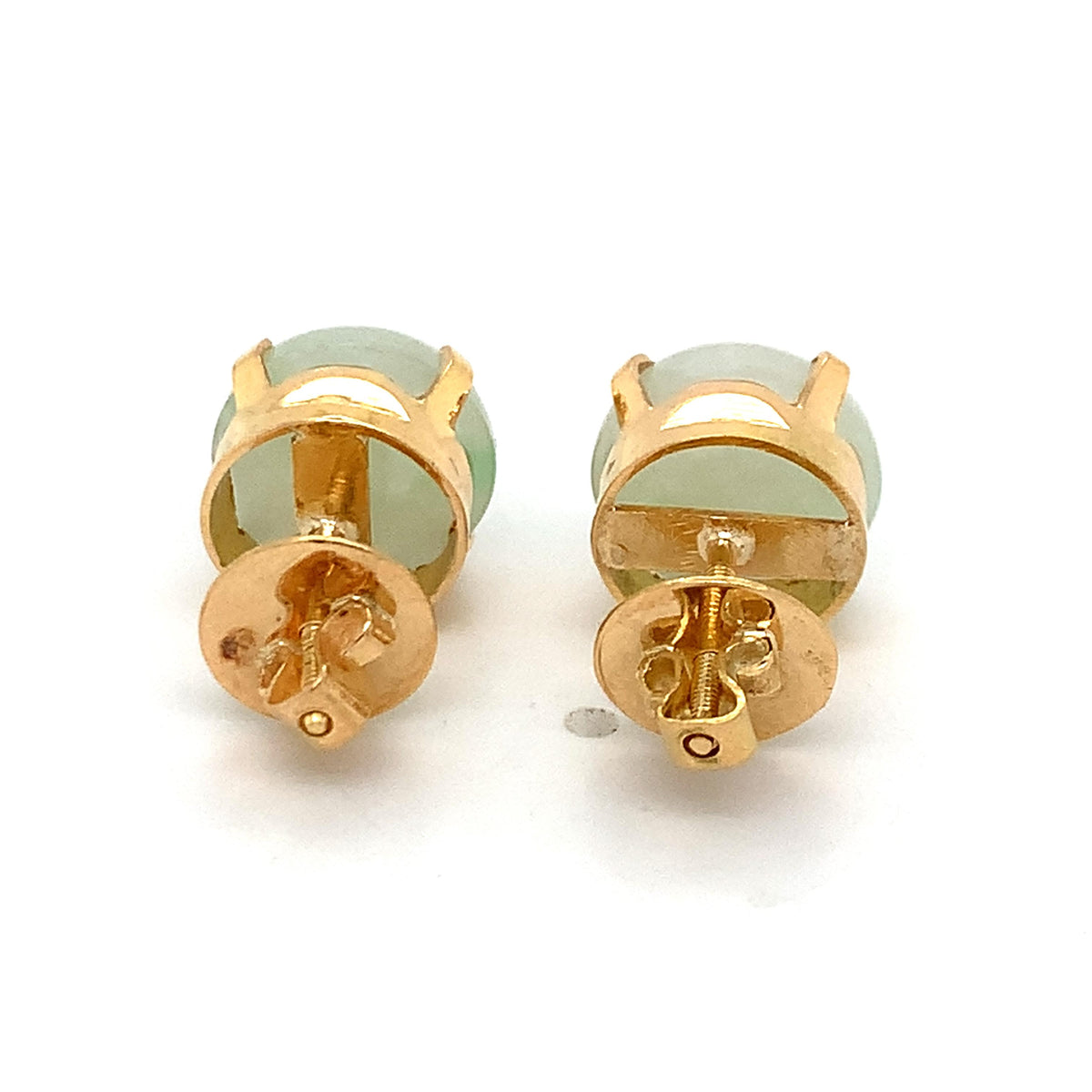 Vintage 18K Gold Crown Basket Pale Green Cabochon Jade Solitaire Stud Earrings