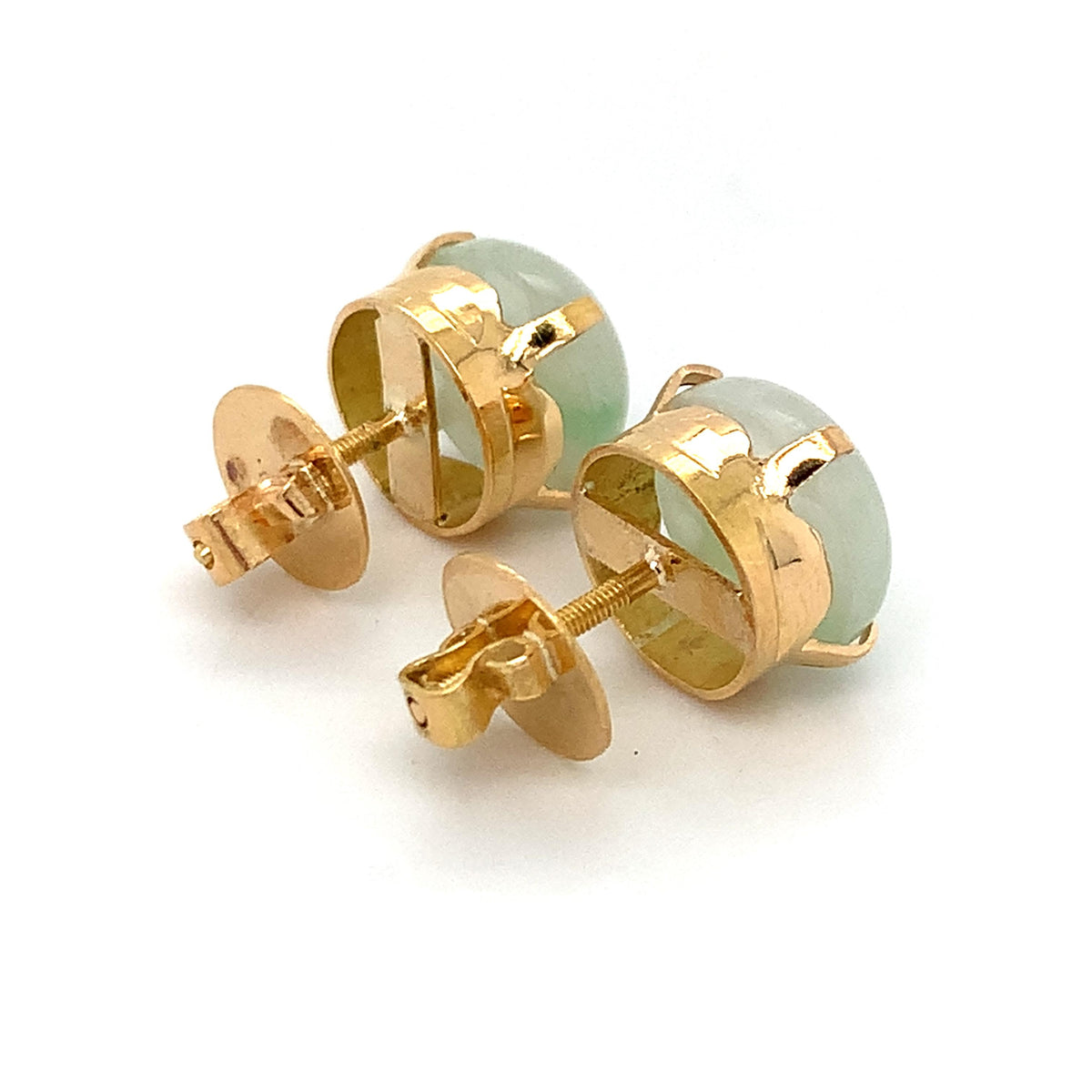 Vintage 18K Gold Crown Basket Pale Green Cabochon Jade Solitaire Stud Earrings