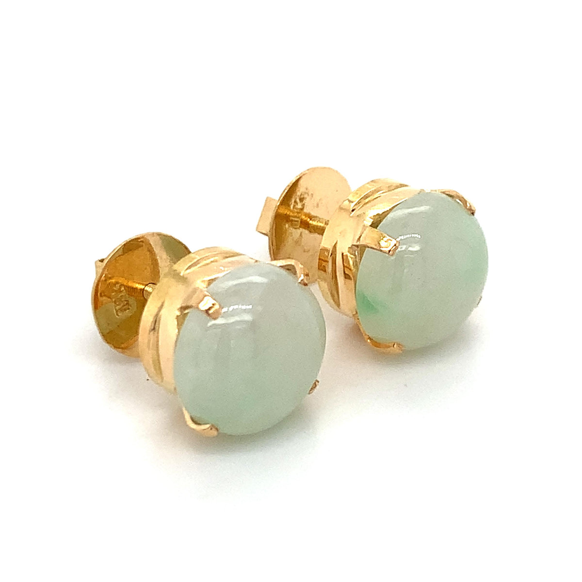 Vintage 18K Gold Crown Basket Pale Green Cabochon Jade Solitaire Stud Earrings