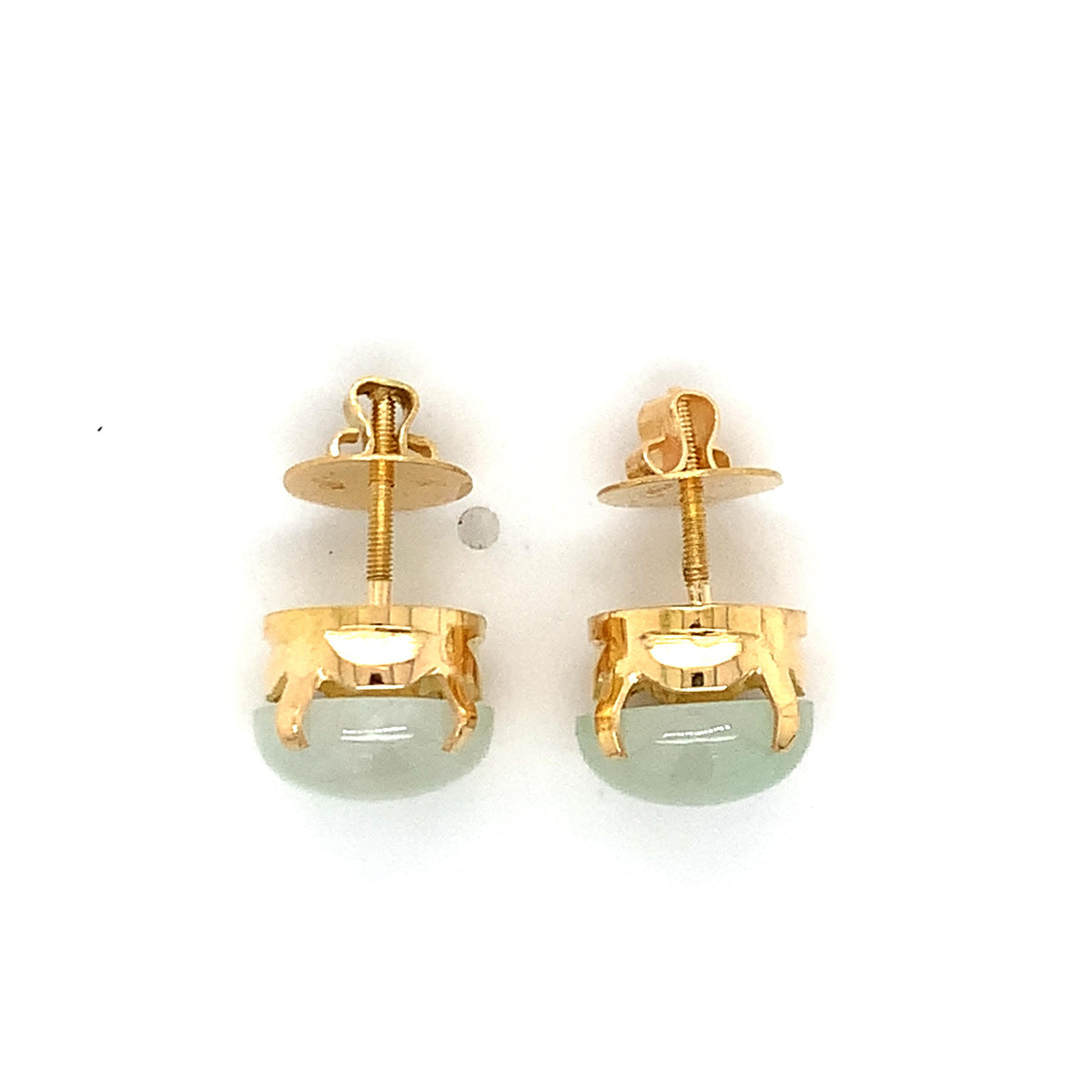 Vintage 18K Gold Crown Basket Pale Green Cabochon Jade Solitaire Stud Earrings