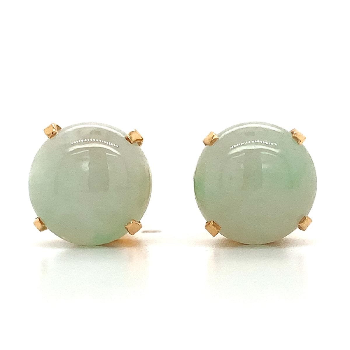 Vintage 18K Gold Crown Basket Pale Green Cabochon Jade Solitaire Stud Earrings