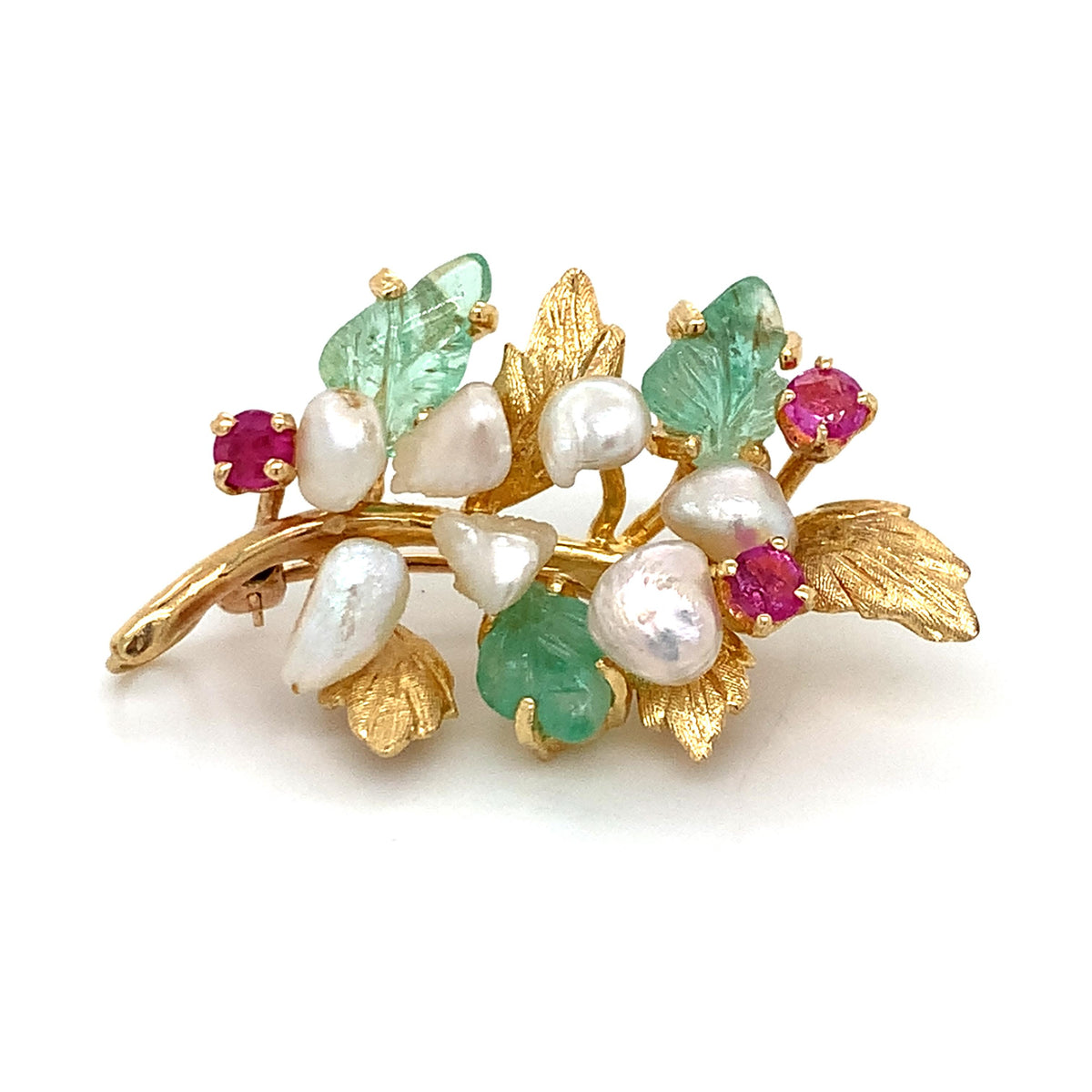 Vintage 14k Gold Emerald Ruby Pearls Tutti Frutti Fruit Style Brooch Pendant
