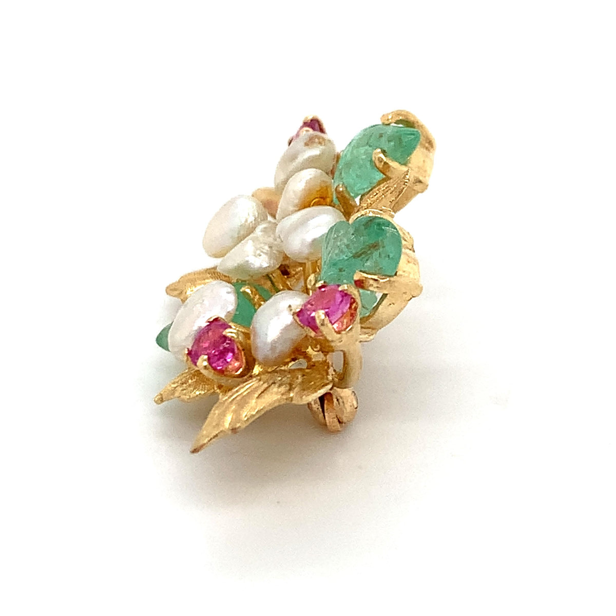 Vintage 14k Gold Emerald Ruby Pearls Tutti Frutti Fruit Style Brooch Pendant