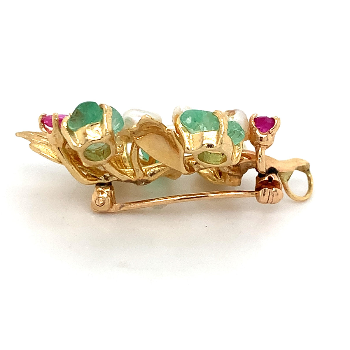Vintage 14k Gold Emerald Ruby Pearls Tutti Frutti Fruit Style Brooch Pendant