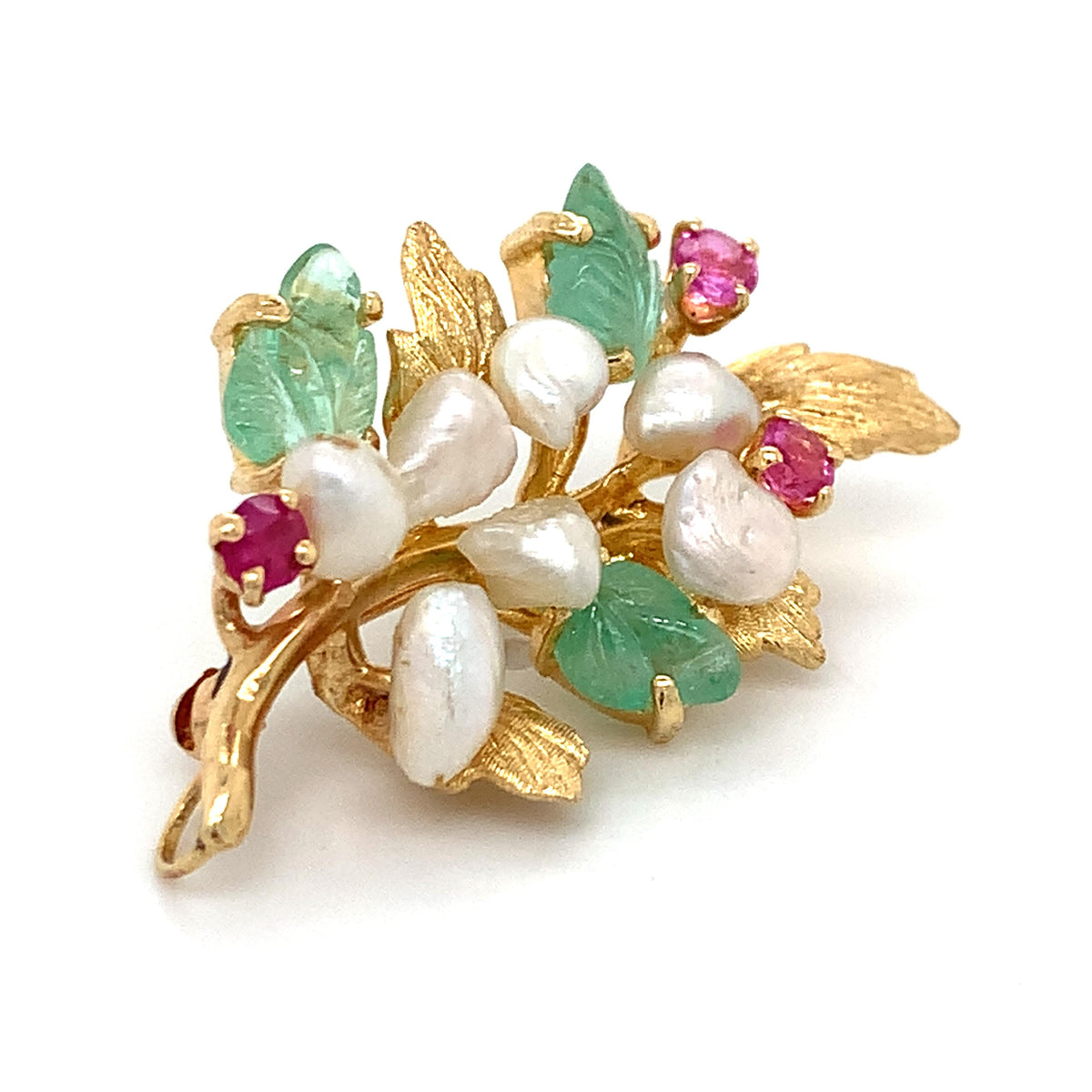 Vintage 14k Gold Emerald Ruby Pearls Tutti Frutti Fruit Style Brooch Pendant