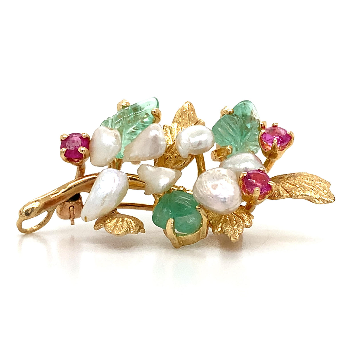Vintage 14k Gold Emerald Ruby Pearls Tutti Frutti Fruit Style Brooch Pendant