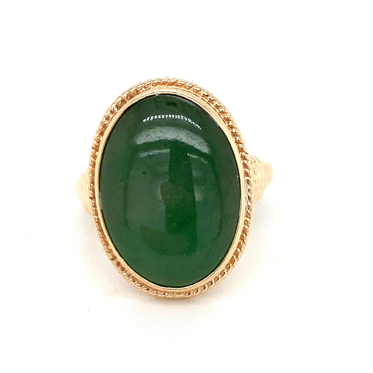 Vintage 14K Gold Oval Cabochon Nephrite Jade Rope Edge Bezel Solitaire Ring S5.5