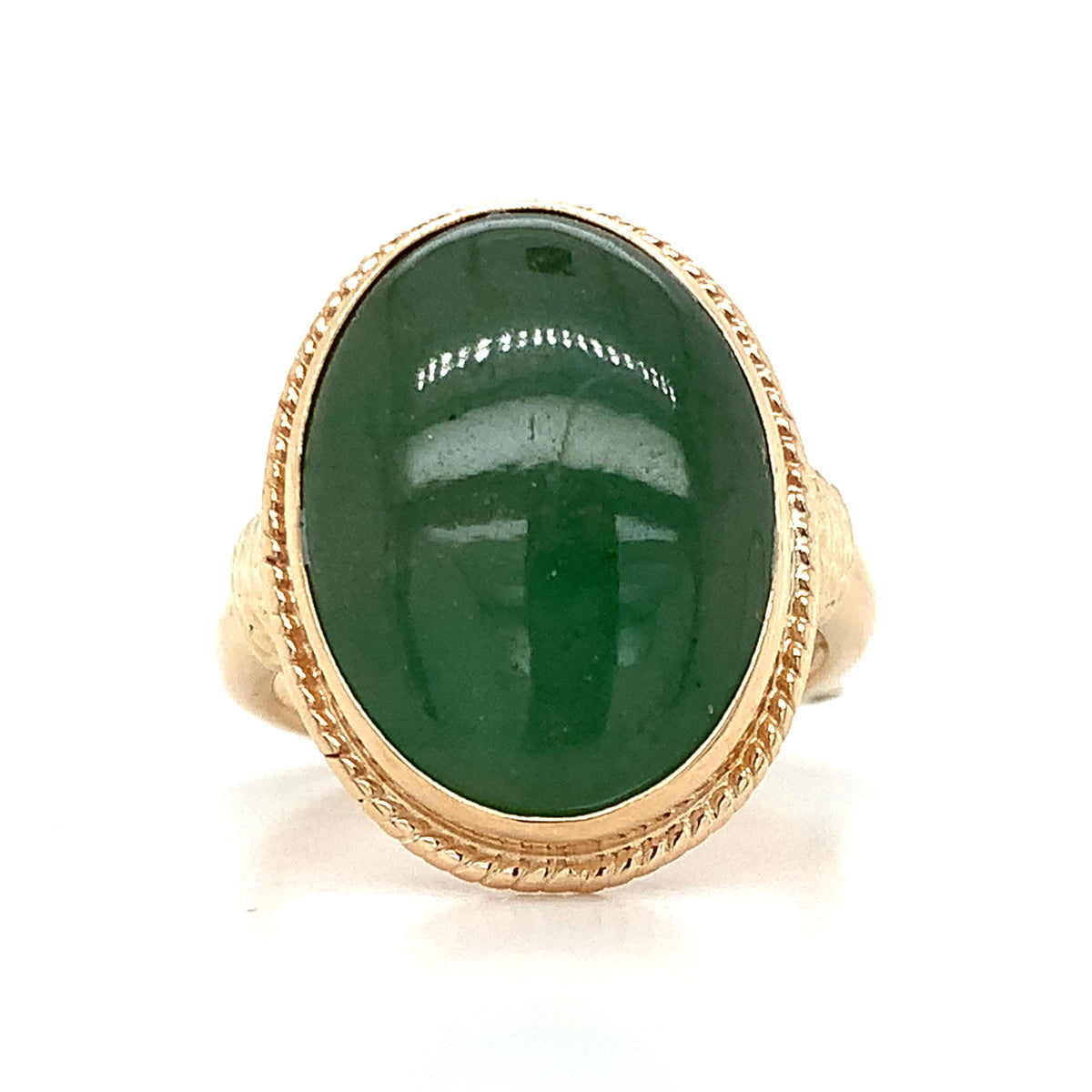 Vintage 14K Gold Oval Cabochon Nephrite Jade Rope Edge Bezel Solitaire Ring S5.5