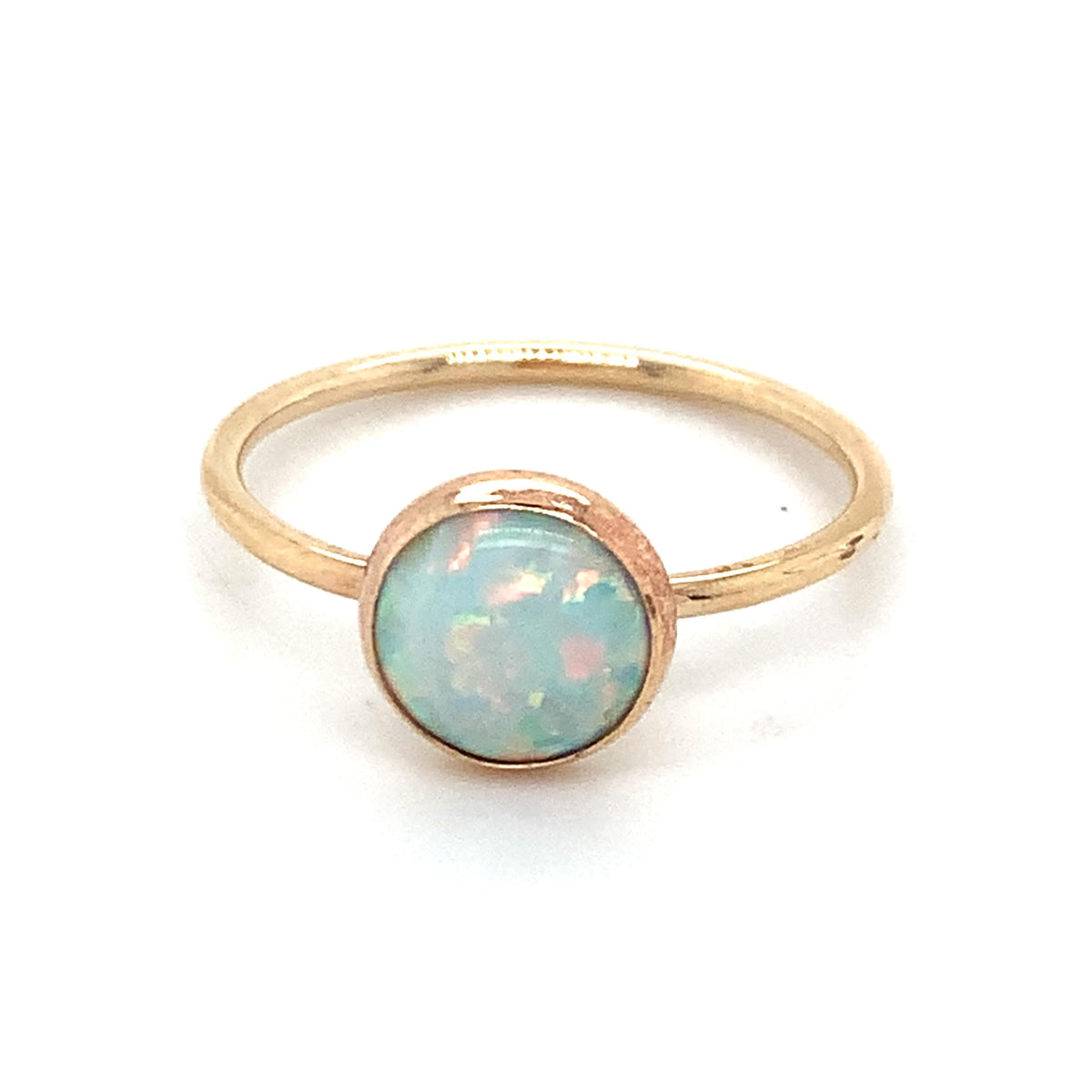 Vintage 14K Rose Gold Round Cabochon Bezel Opal Slim Shanks Solitaire Ring Size7