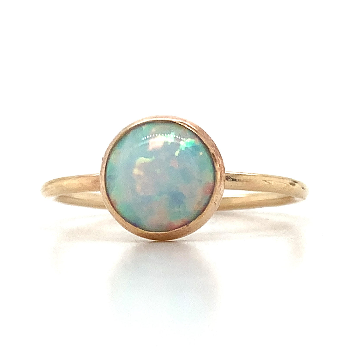 Vintage 14K Rose Gold Round Cabochon Bezel Opal Slim Shanks Solitaire Ring Size7
