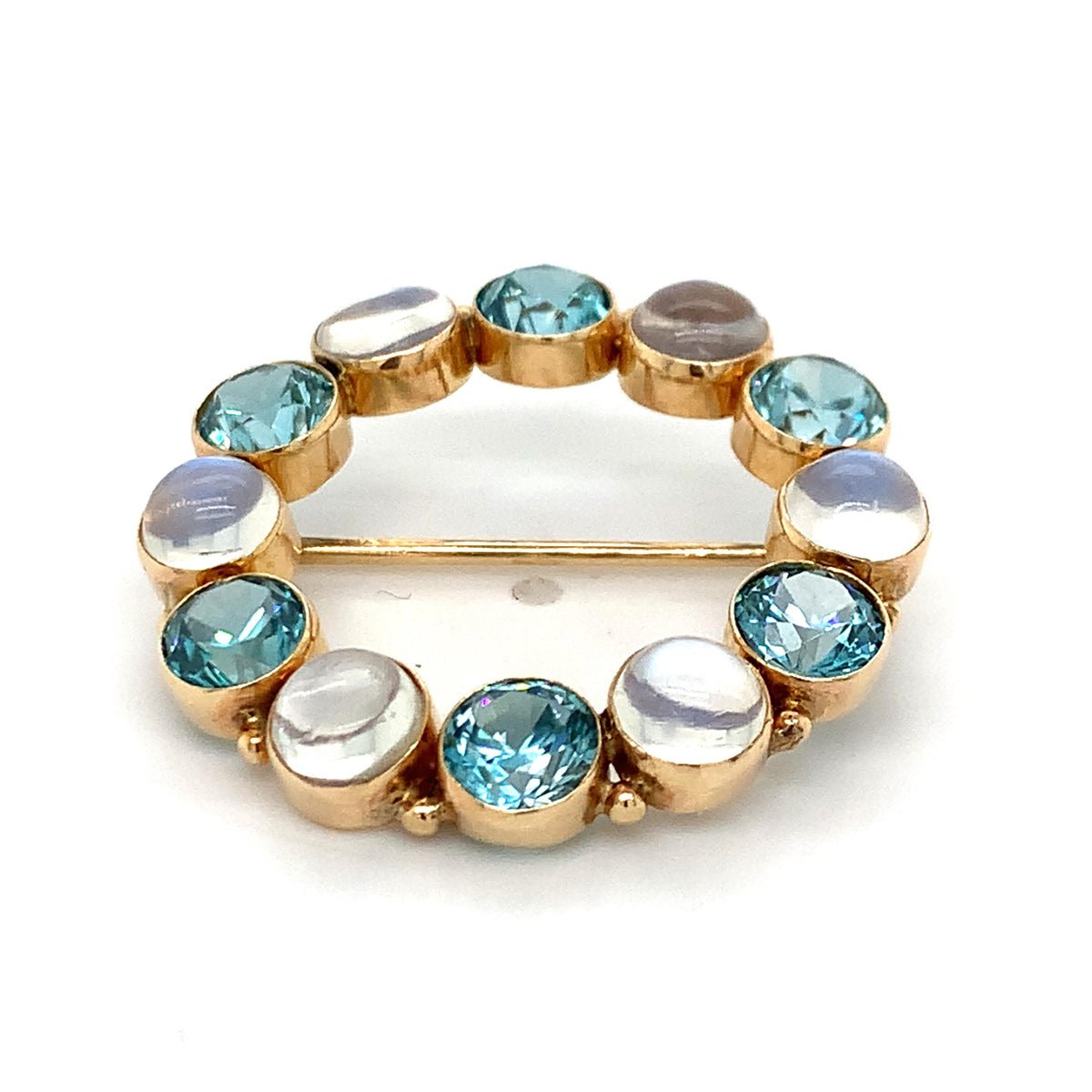 Vintage 14K Gold 4.50ctw Blue Zircons & 4.10ctw Cabochon Moonstone Wreath Brooch