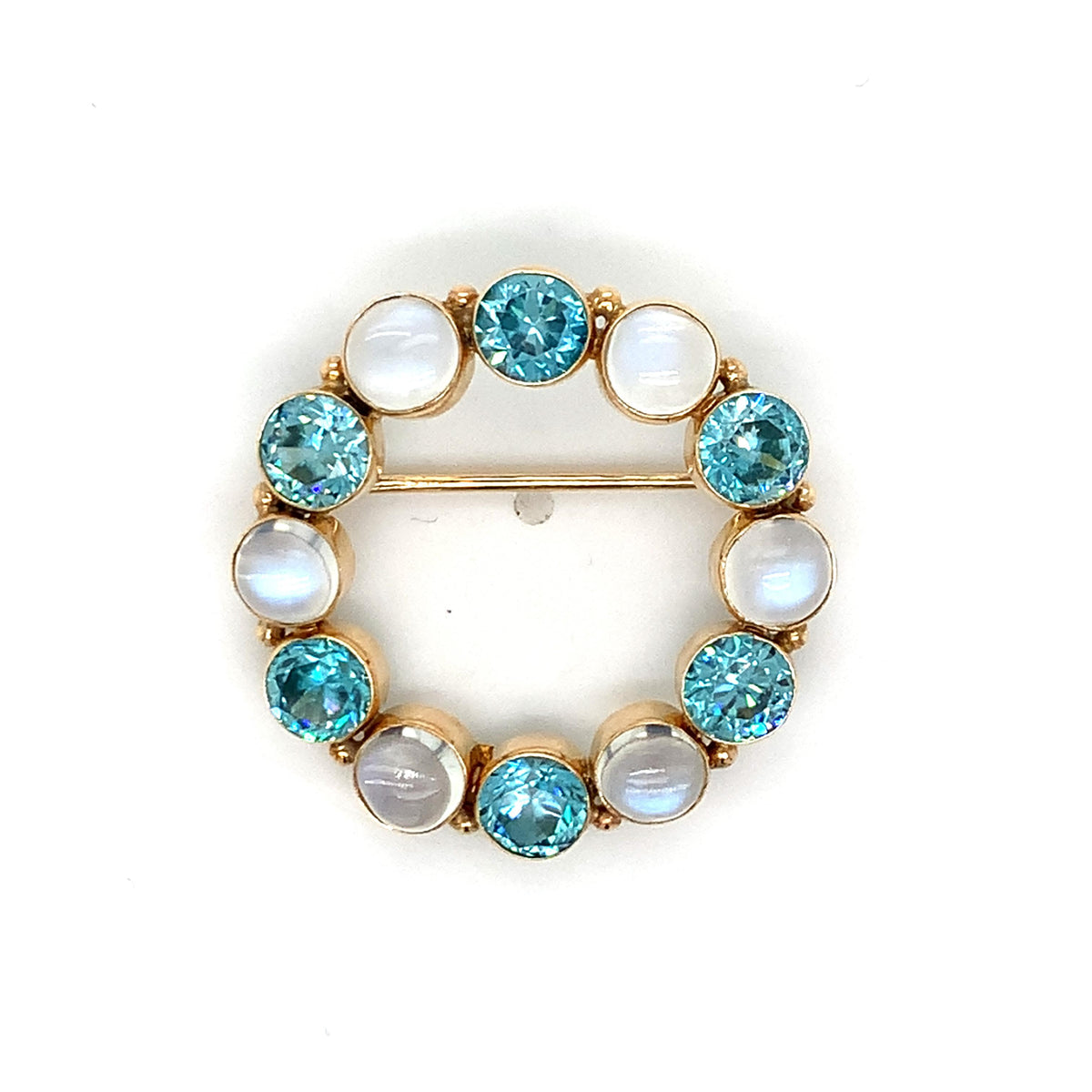 Vintage 14K Gold 4.50ctw Blue Zircons & 4.10ctw Cabochon Moonstone Wreath Brooch