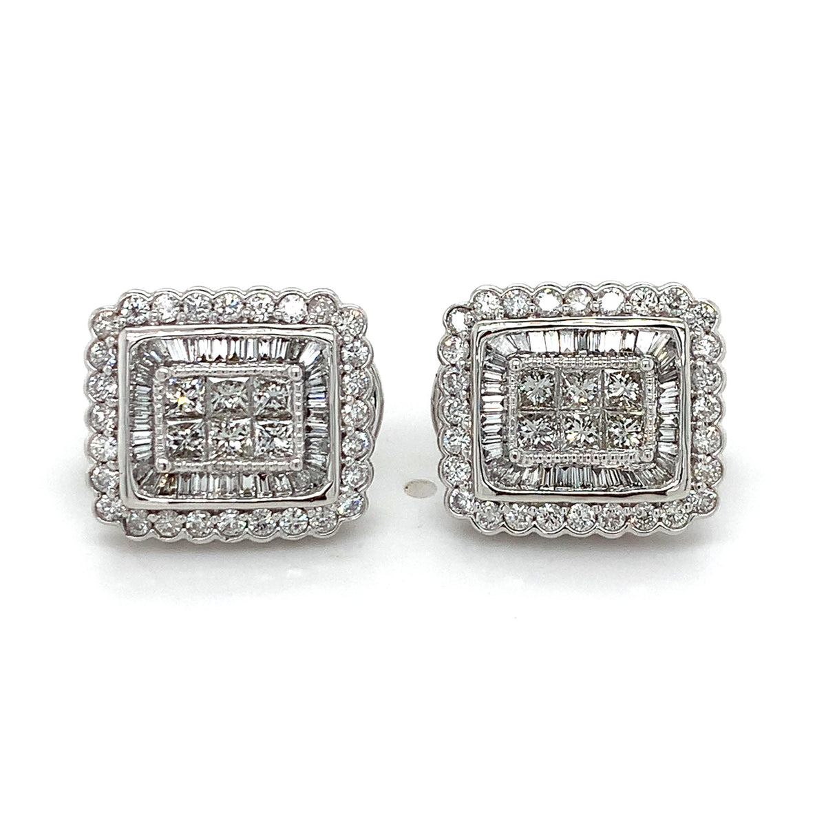 14K Gold 2.26cttw Princess Cluster & Multi Cut Diamond Double Halo Earrings