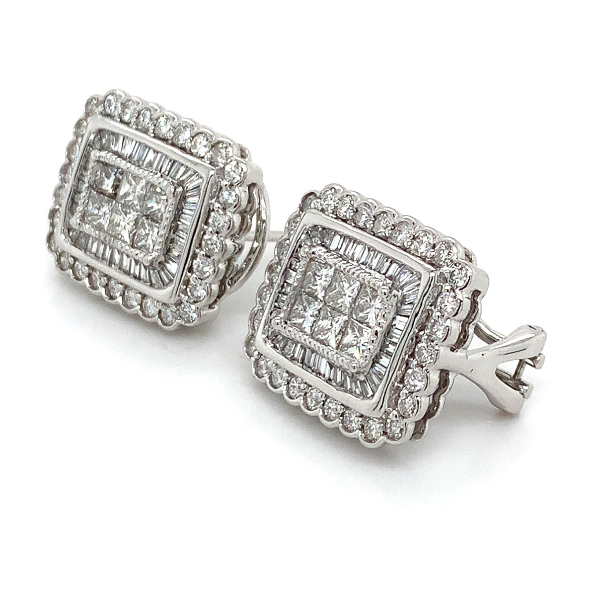 14K Gold 2.26cttw Princess Cluster & Multi Cut Diamond Double Halo Earrings
