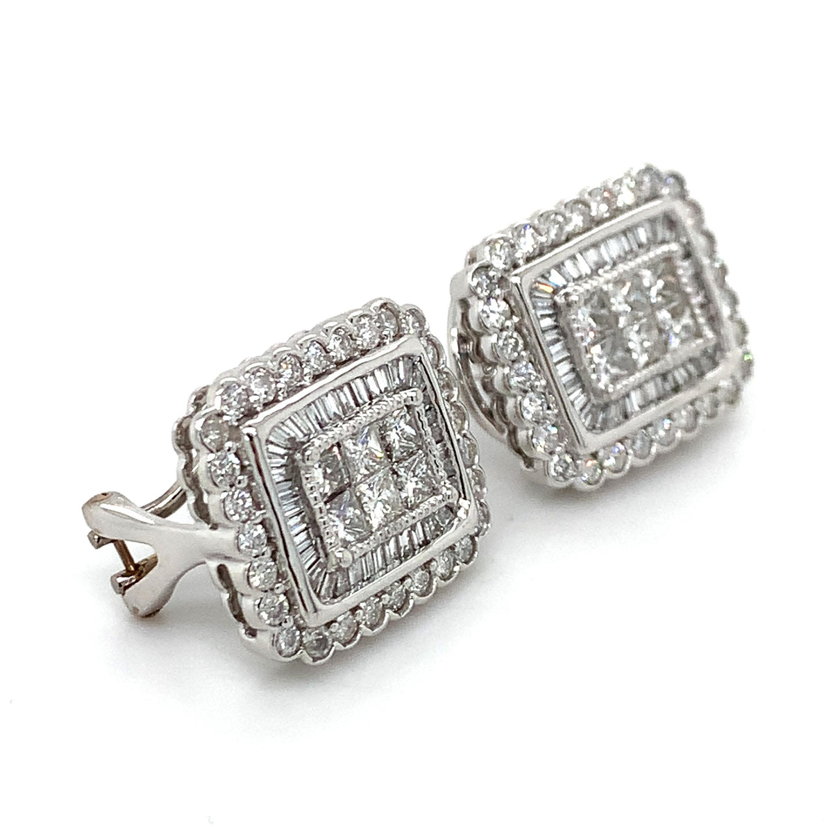 14K Gold 2.26cttw Princess Cluster & Multi Cut Diamond Double Halo Earrings