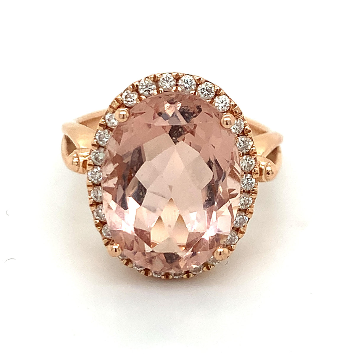 14K Rose Gold 4-Prongs Oval Pink Morganite & Round Diamond Halo Cocktail Ring S8