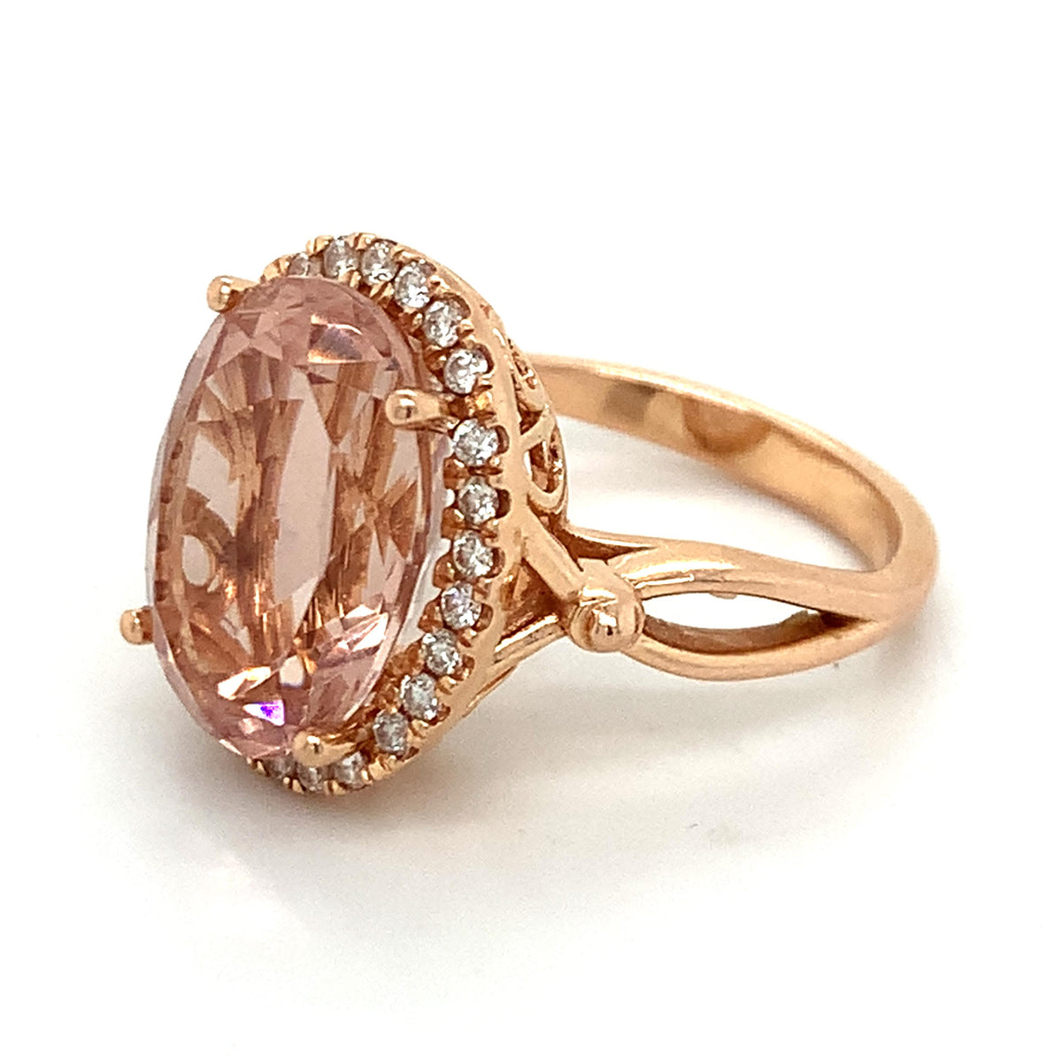 14K Rose Gold 4-Prongs Oval Pink Morganite & Round Diamond Halo Cocktail Ring S8