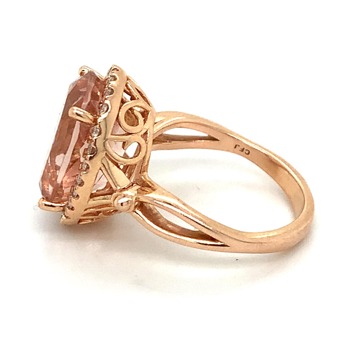 14K Rose Gold 4-Prongs Oval Pink Morganite & Round Diamond Halo Cocktail Ring S8