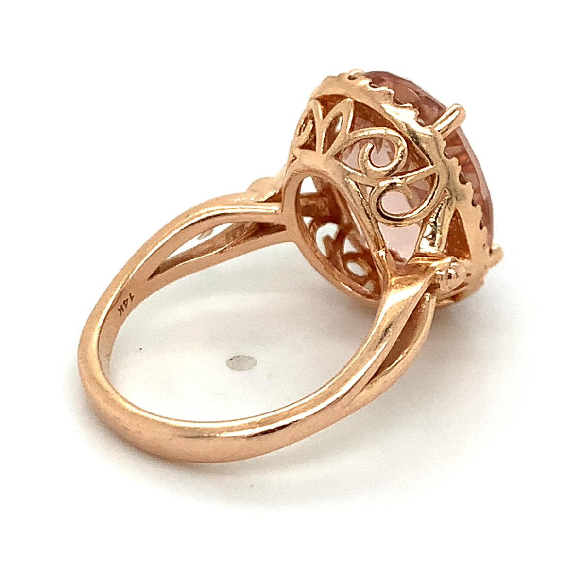 14K Rose Gold 4-Prongs Oval Pink Morganite & Round Diamond Halo Cocktail Ring S8
