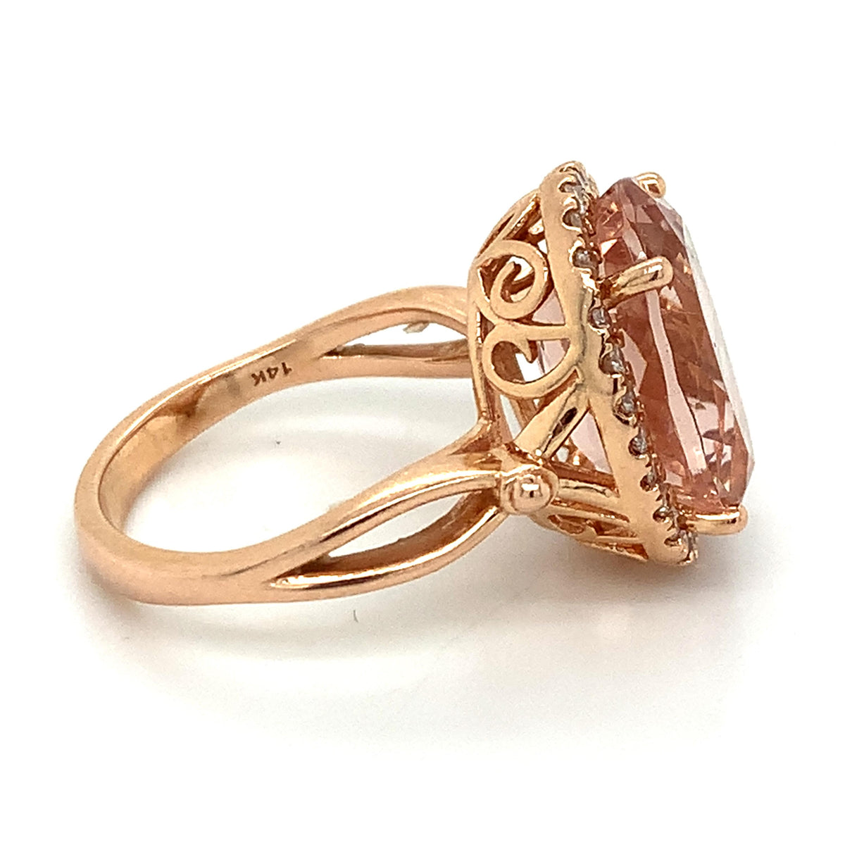 14K Rose Gold 4-Prongs Oval Pink Morganite & Round Diamond Halo Cocktail Ring S8