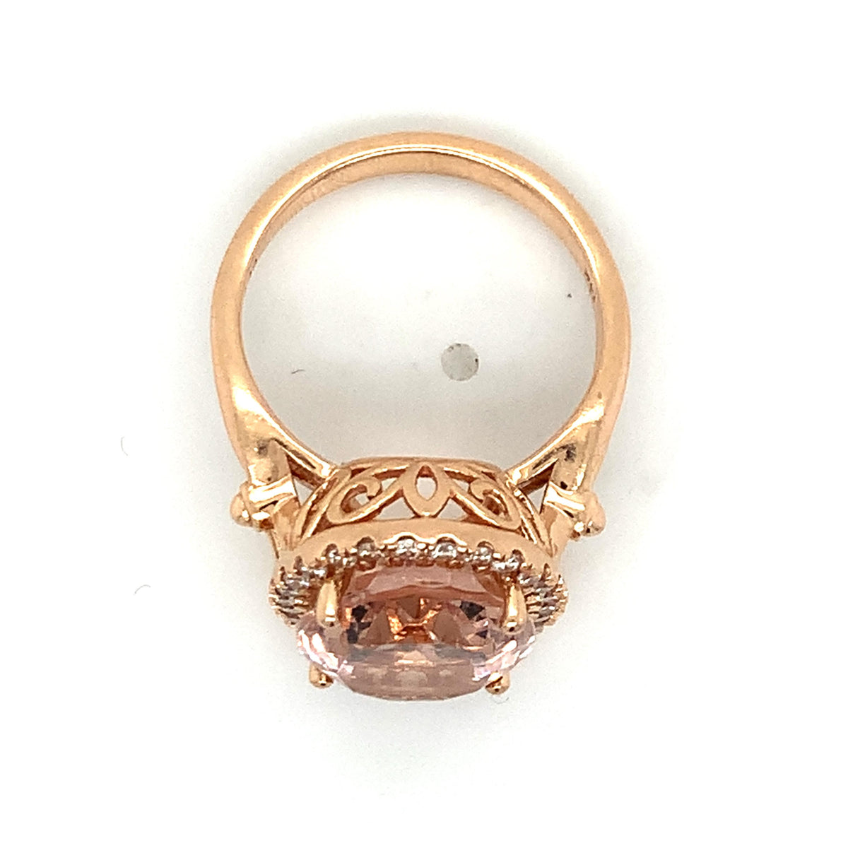14K Rose Gold 4-Prongs Oval Pink Morganite & Round Diamond Halo Cocktail Ring S8