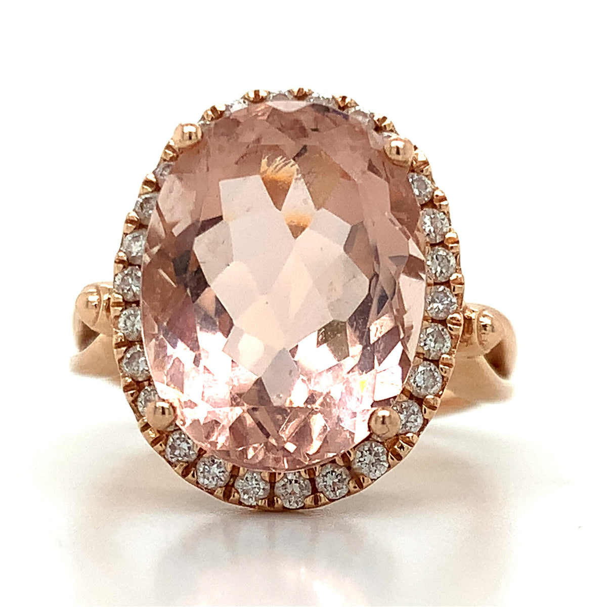 14K Rose Gold 4-Prongs Oval Pink Morganite & Round Diamond Halo Cocktail Ring S8
