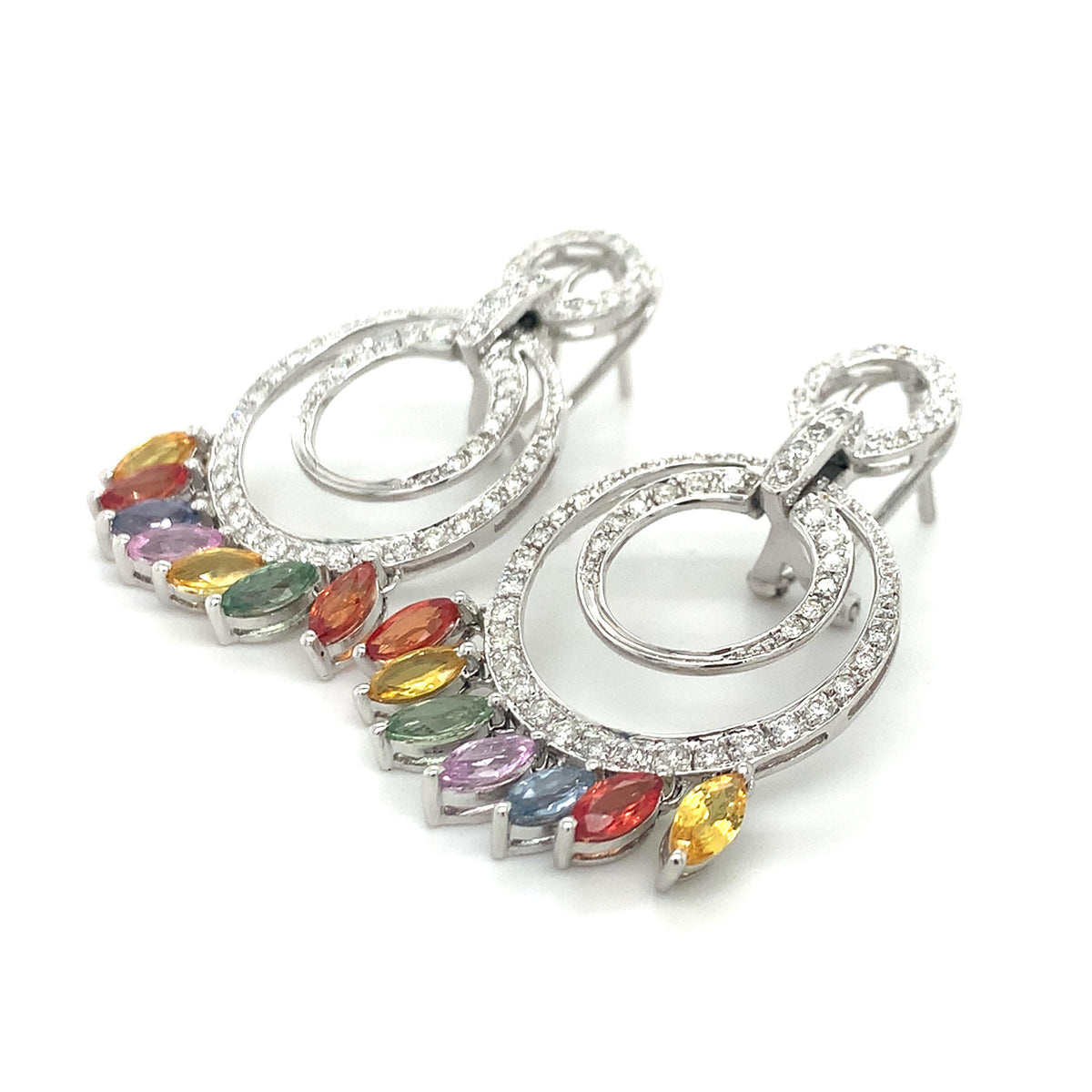 14K Gold Multi Halo Diamonds & Marquise Rainbow Sapphire Cocktail Hoops Earrings