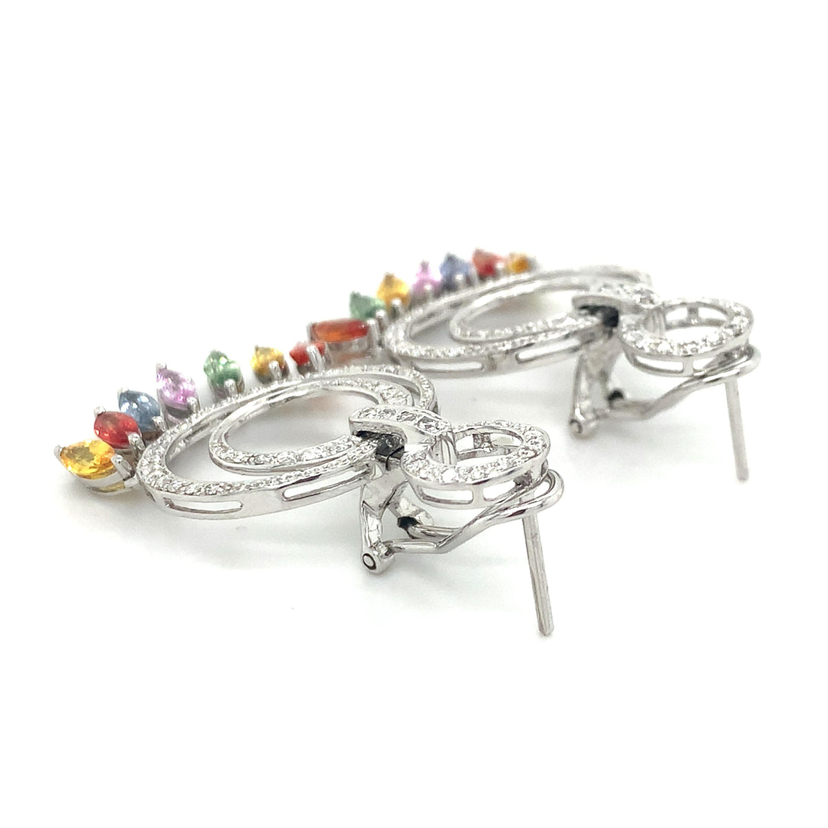 14K Gold Multi Halo Diamonds & Marquise Rainbow Sapphire Cocktail Hoops Earrings
