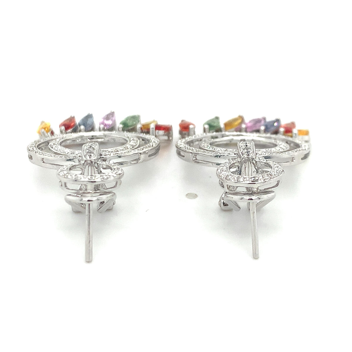 14K Gold Multi Halo Diamonds & Marquise Rainbow Sapphire Cocktail Hoops Earrings