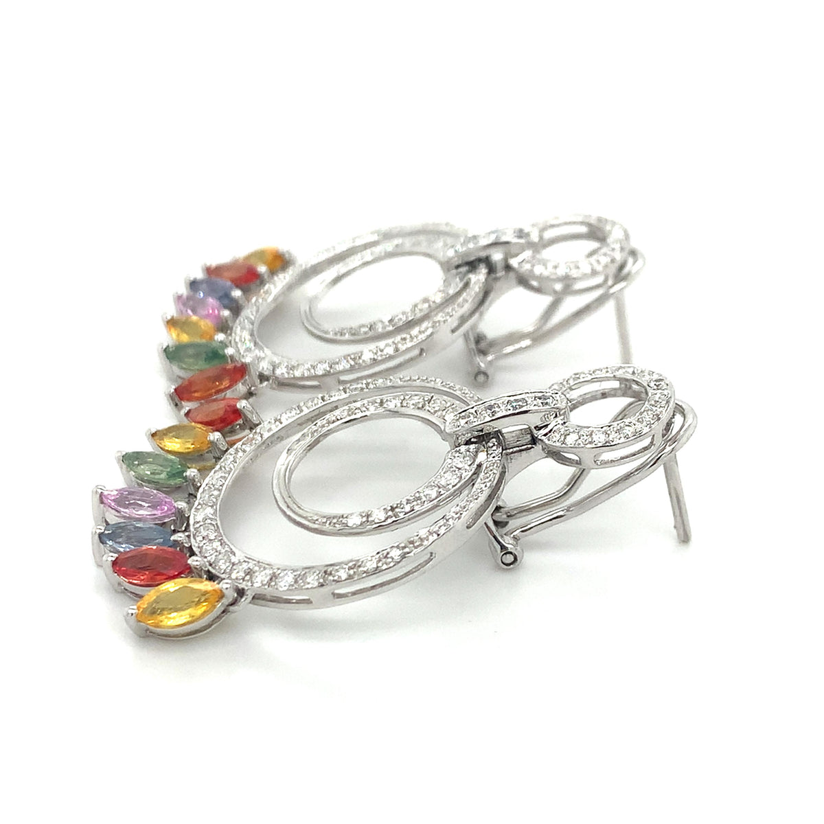 14K Gold Multi Halo Diamonds & Marquise Rainbow Sapphire Cocktail Hoops Earrings