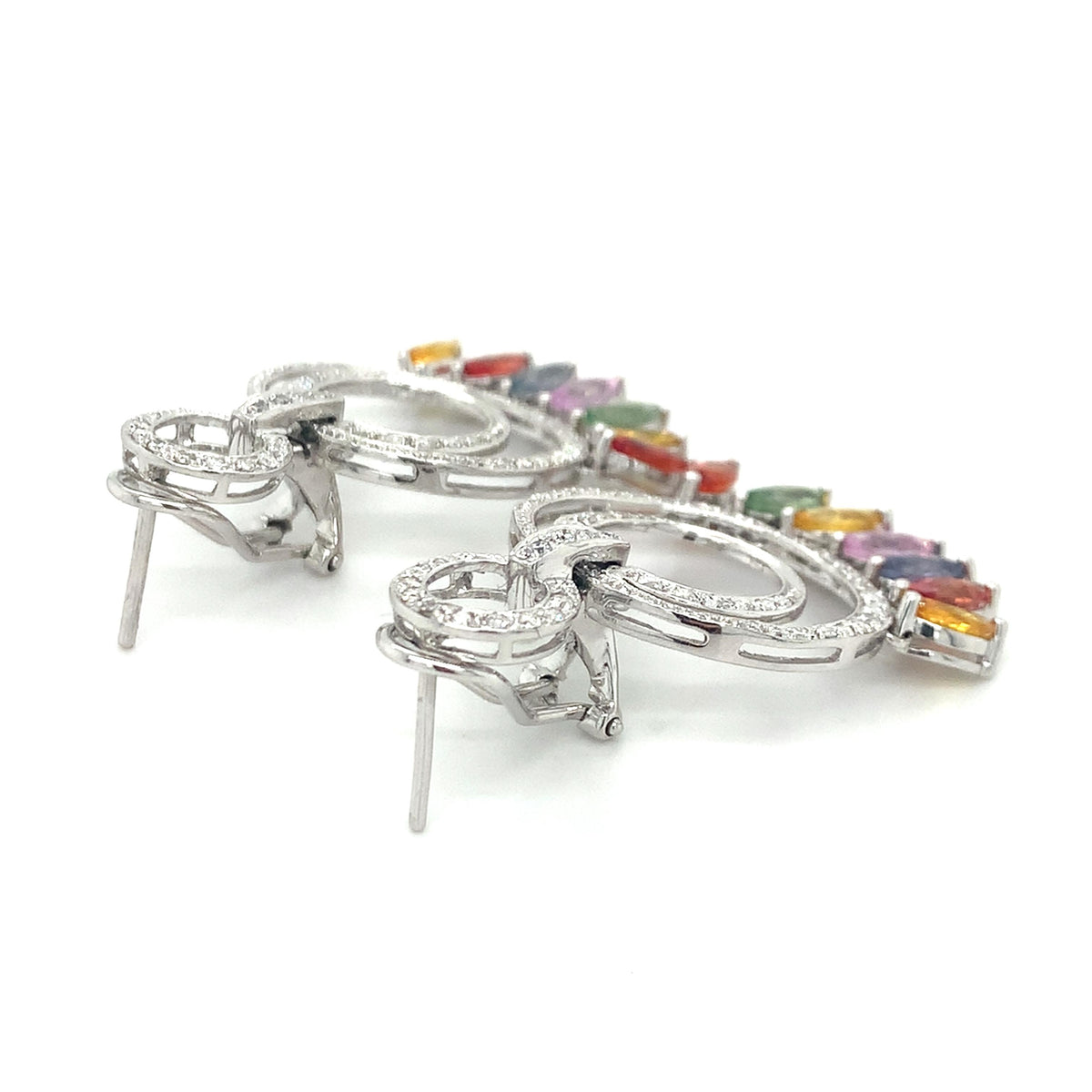 14K Gold Multi Halo Diamonds & Marquise Rainbow Sapphire Cocktail Hoops Earrings