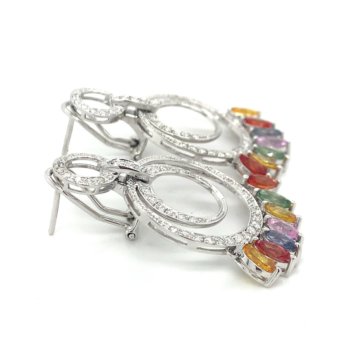 14K Gold Multi Halo Diamonds & Marquise Rainbow Sapphire Cocktail Hoops Earrings