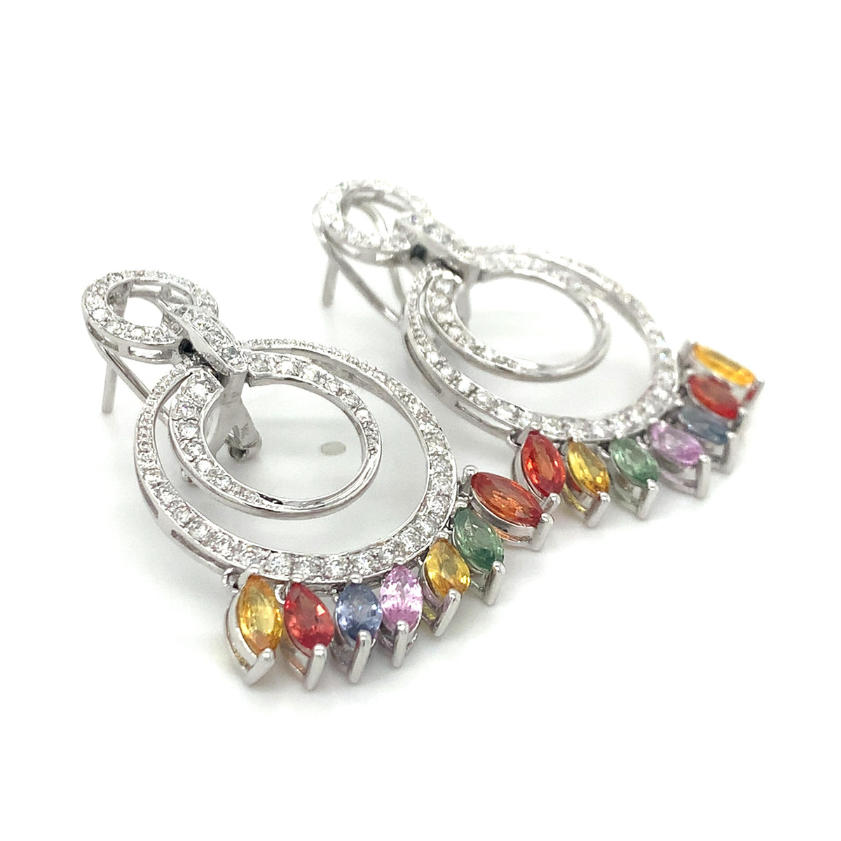 14K Gold Multi Halo Diamonds & Marquise Rainbow Sapphire Cocktail Hoops Earrings