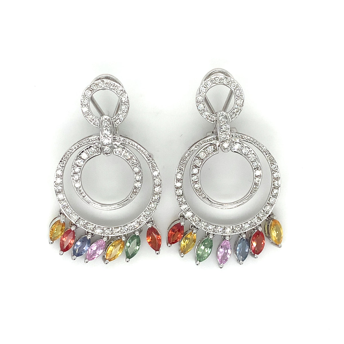 14K Gold Multi Halo Diamonds & Marquise Rainbow Sapphire Cocktail Hoops Earrings