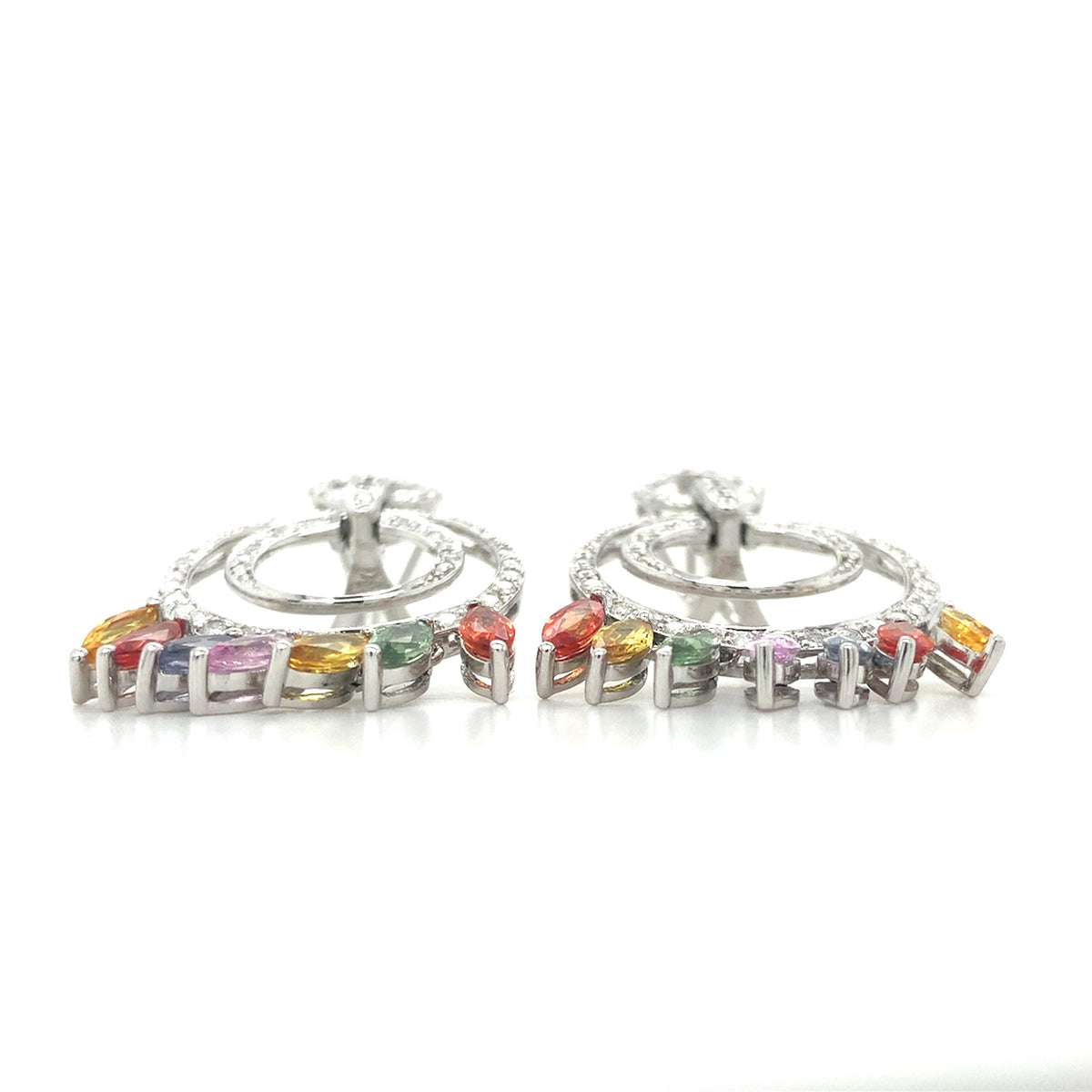 14K Gold Multi Halo Diamonds & Marquise Rainbow Sapphire Cocktail Hoops Earrings