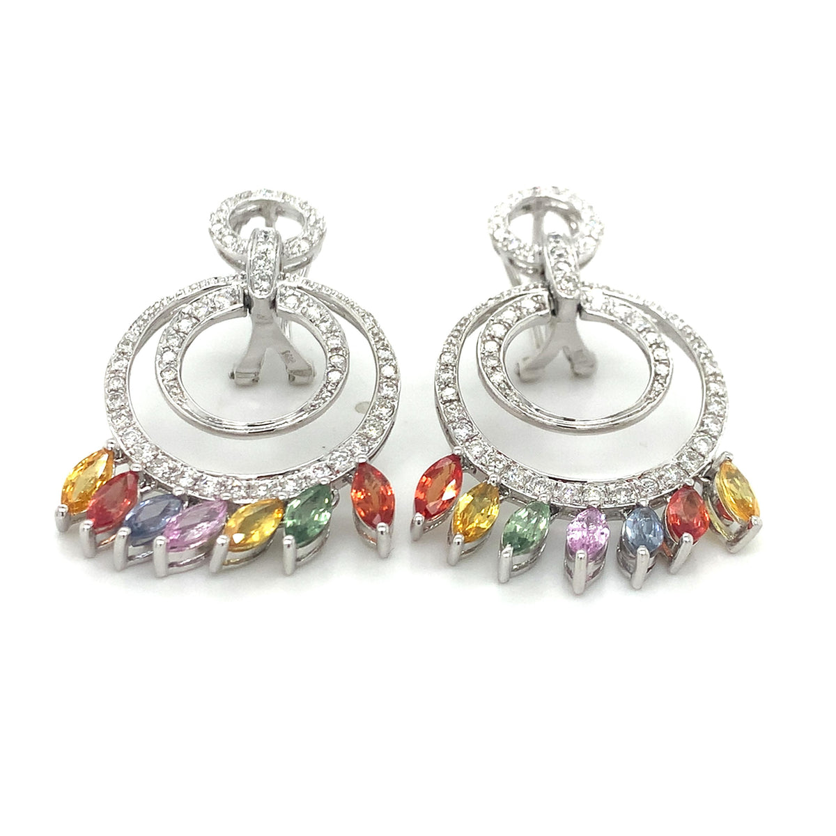 14K Gold Multi Halo Diamonds & Marquise Rainbow Sapphire Cocktail Hoops Earrings