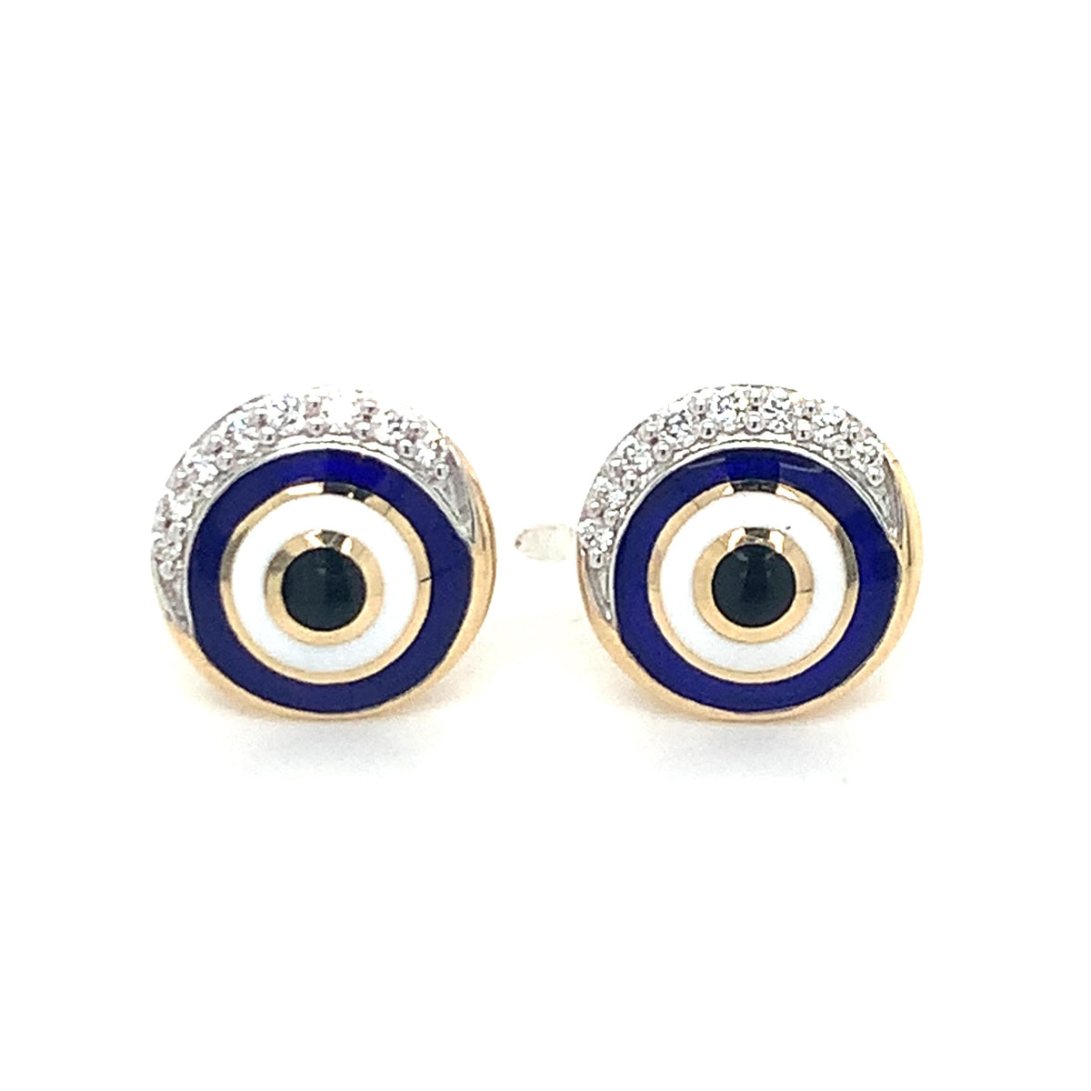 14K Gold Blue Black & White Enamel Roud Half Halo Diamond Evil Eye Stud Earrings